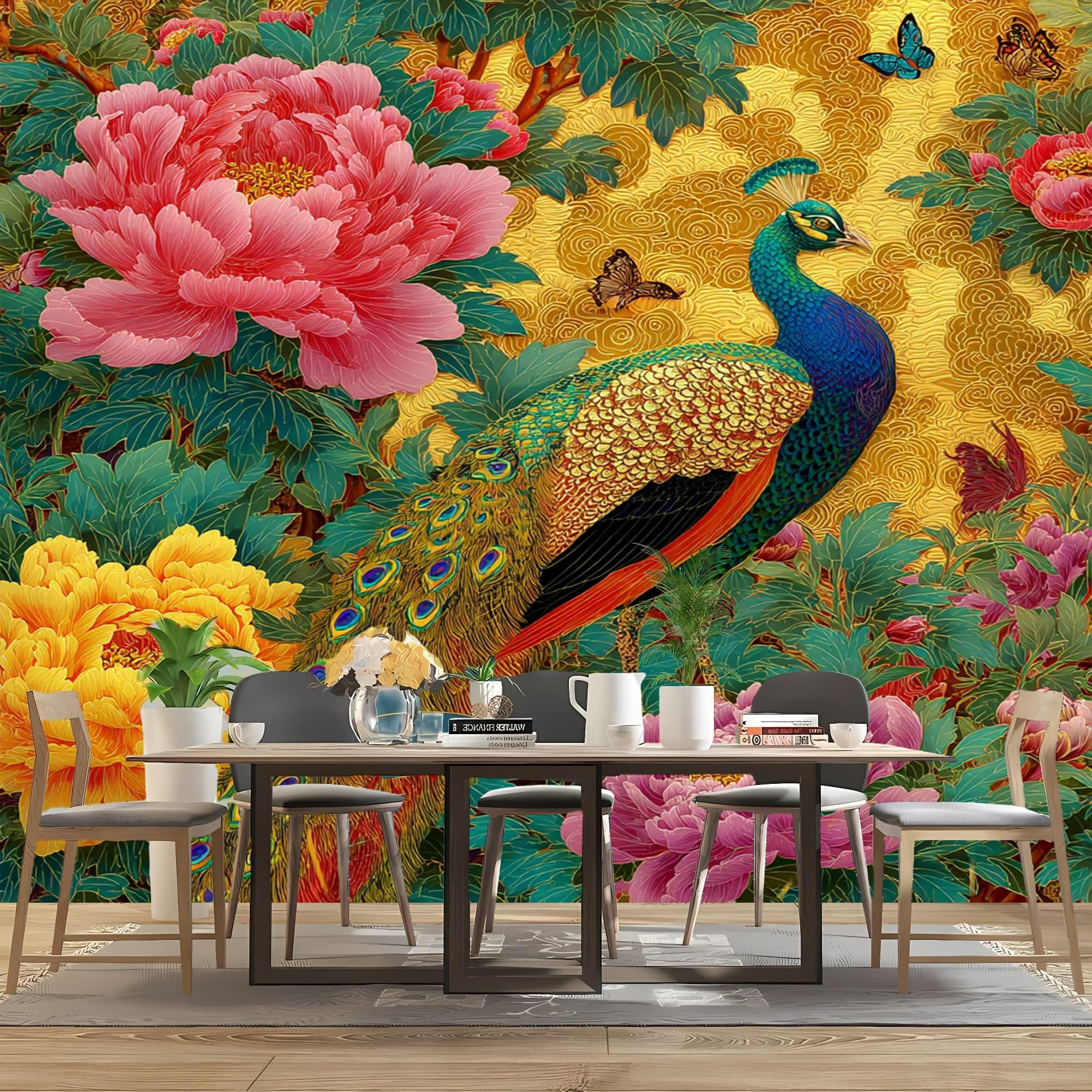 Grandi Murali Poster Lussuosi Fiori di Pavone Carta da Parati Tessuto Non Tessuto 250x175 cm Oro Carta da Poster Panoramica, Fotomurale Decorativo per Pareti Interne