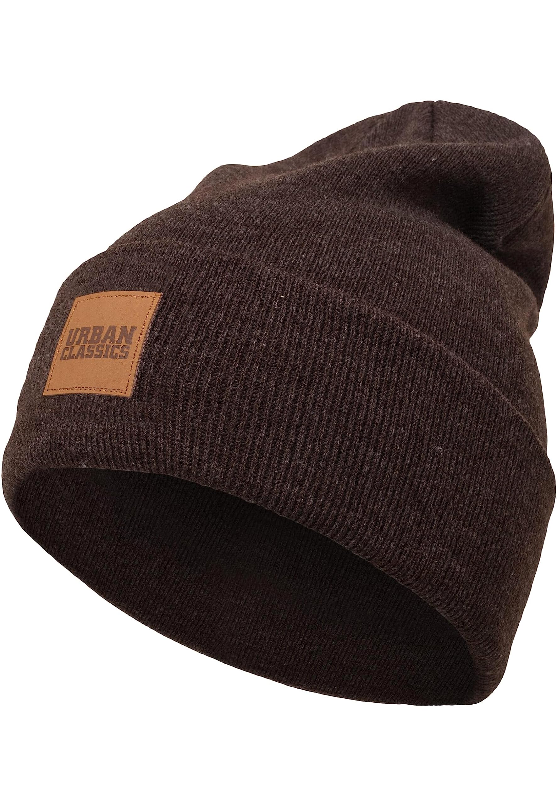 Urban Classics Czapka z dzianiny unisex dla m??czyzn i kobiet, skórzana naszywka Long Beanie z naszywk? z logo z przodu, dost?pna w wielu kolorach, Heatherbrown, Rozmiar uniwersalny