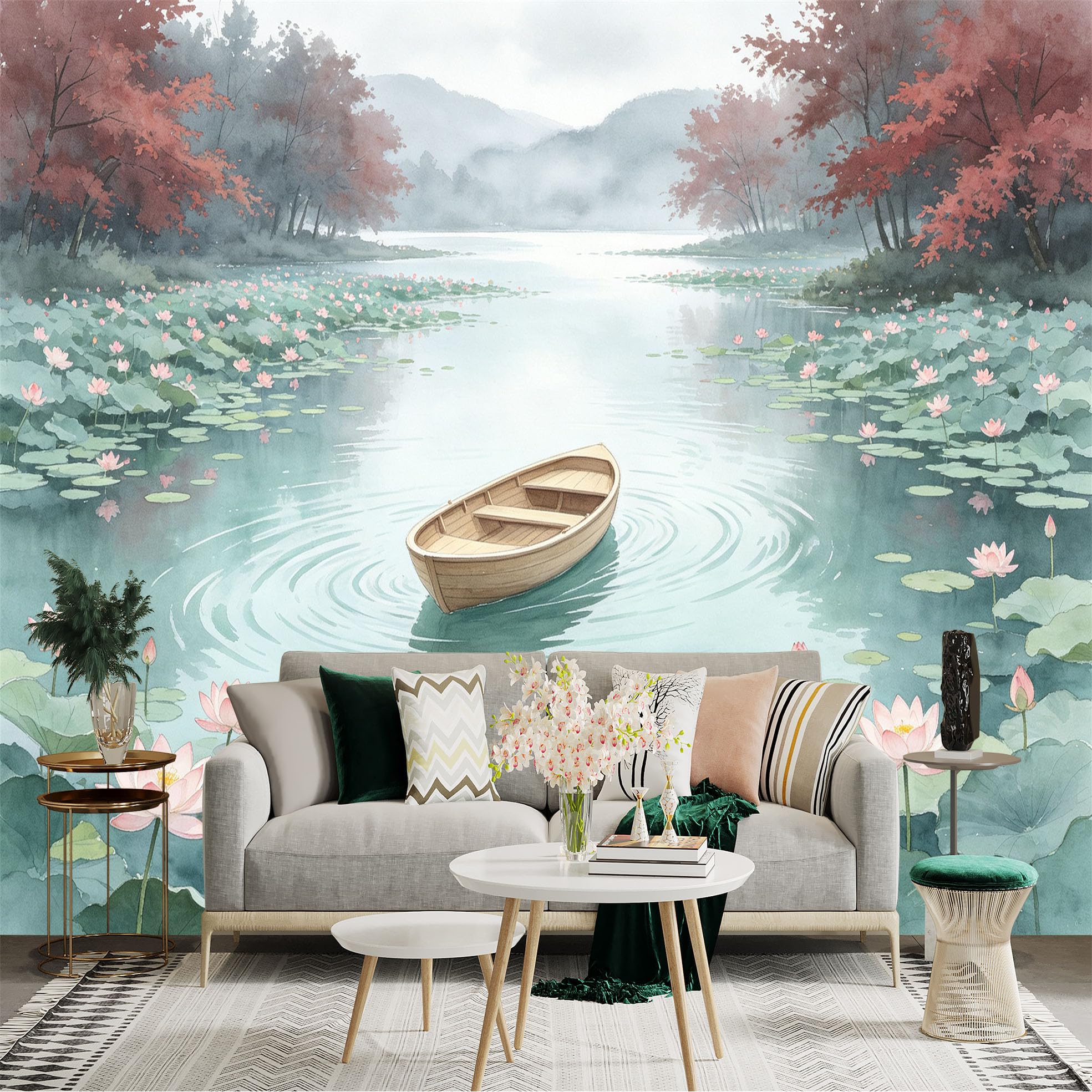 Custom Size Wall Sticker Mural， Wooden Boat on Calm Lake， Pink Lotus Flowers， Serene Oriental Landscape， Misty Autumn Forest， for wall Decoration， peelandstick wall Decals.