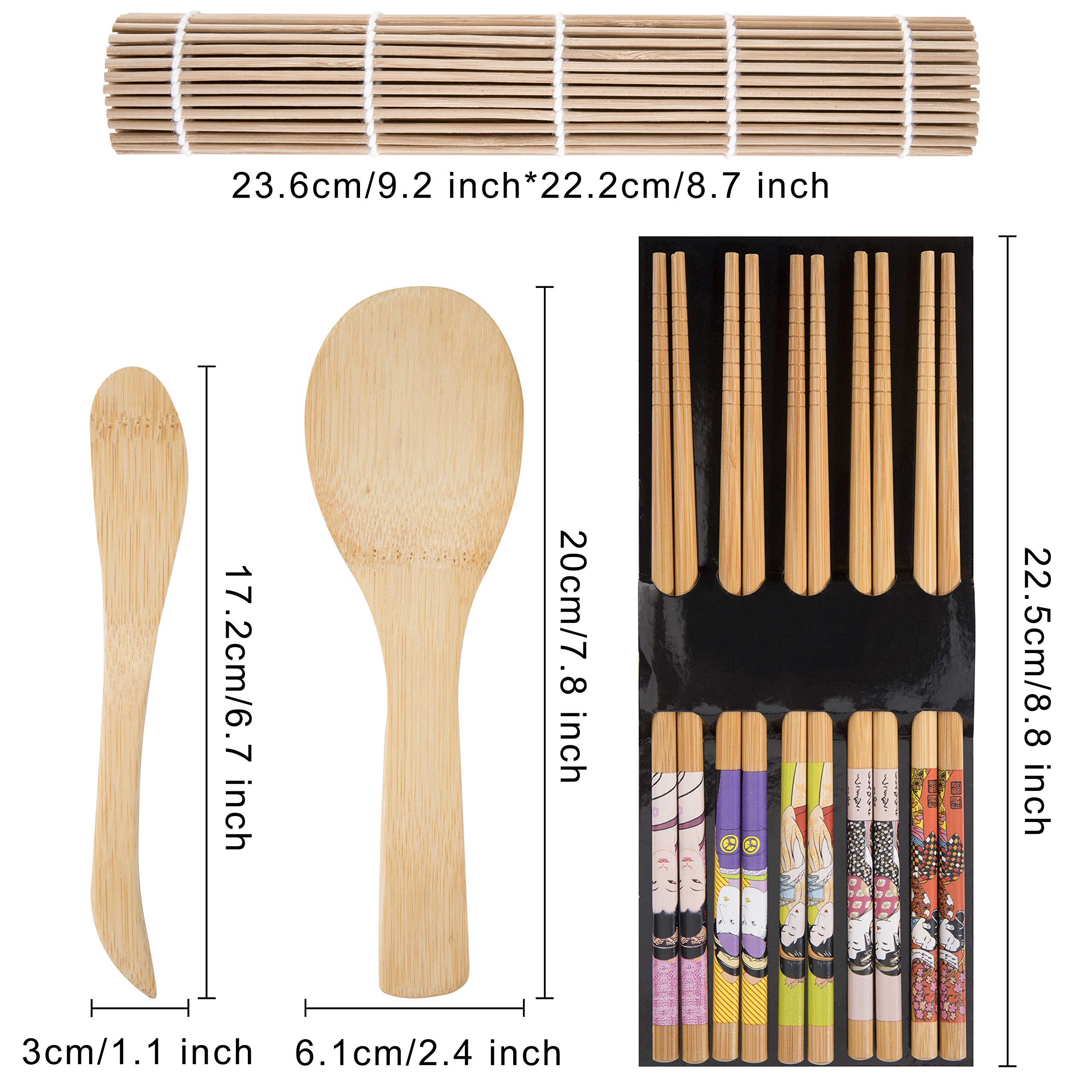 Bambusowy zestaw do sushi zawiera maty do sushi, pałeczki, wiosło ryżowe, dla kucharzy, początkujących, DIY, 9 sztuk