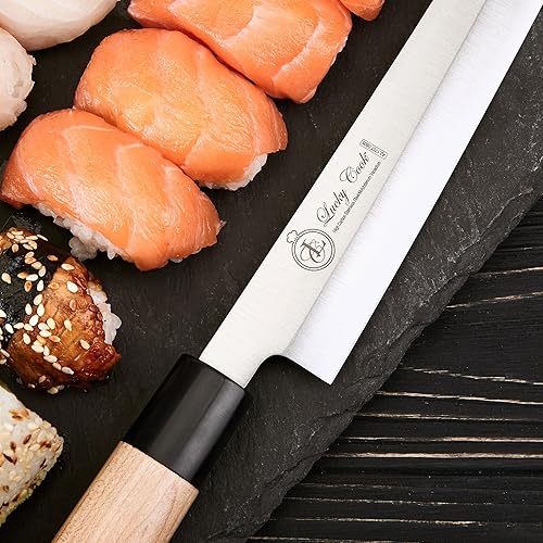 Miniatura 6 de Lucky Cocinar Sashimi Sushi con muy afilada, 10 inch Bladeacero inoxidable de alto carbonotradicionales Mango de maderaAmazing para cortar Sushi y