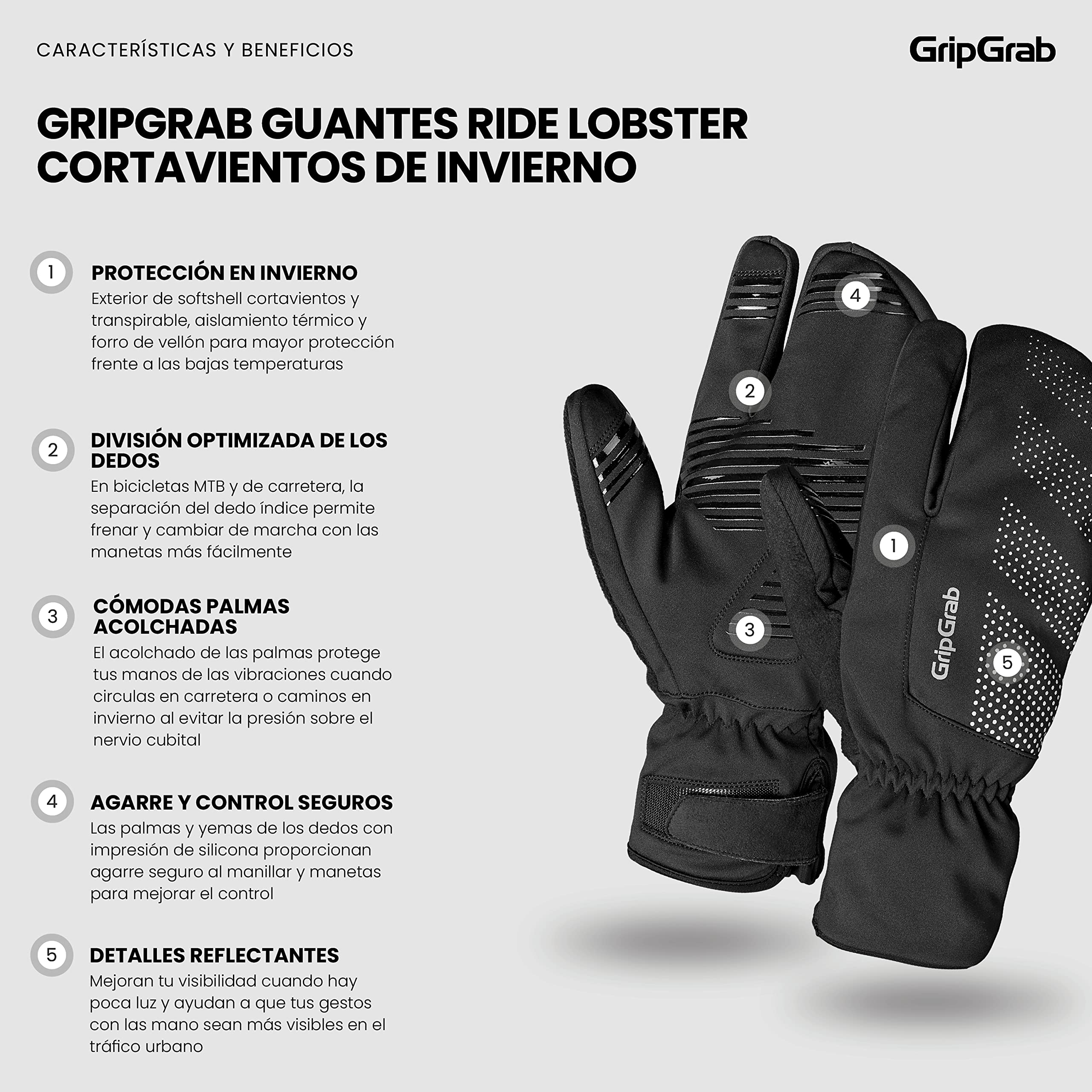 GripGrab Guantes de Ciclismo Ride Lobster Térmicos de Invierno Cortavientos Acolchado de Gel Frio Extremo 3 Dedos