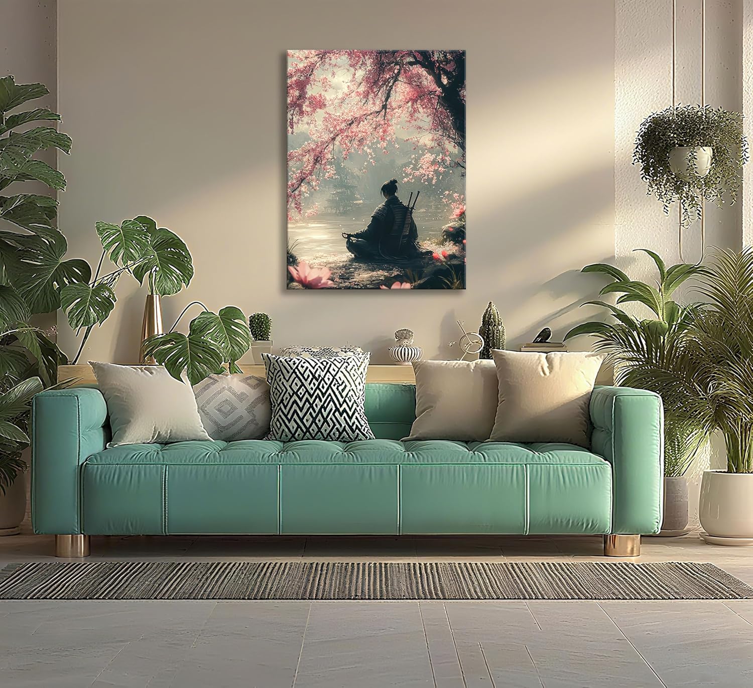 Japanese Sakura Samurai Canvas Wall Art Traditional Bushido Wall Decor Picture Asian Japanese style Cherry Blossoms Warrior Poster Print for Living Room Bedroom 16x24in Ready To Hang