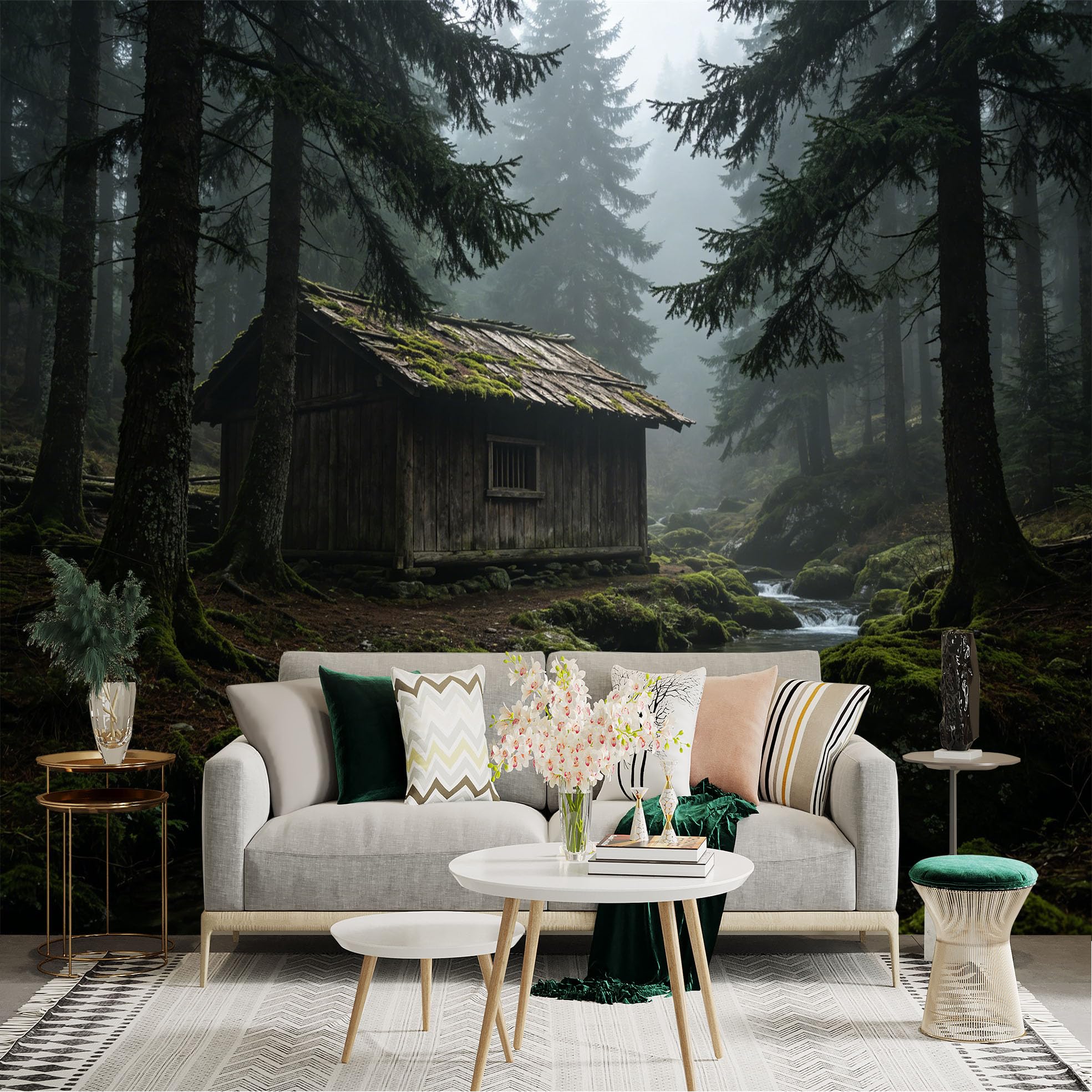 Custom Size Wall Sticker Mural， Rustic Cabin in Misty Forest with Flowing Stream and Mossy Rocks， for wall Decoration， peelandstick wall Decals.