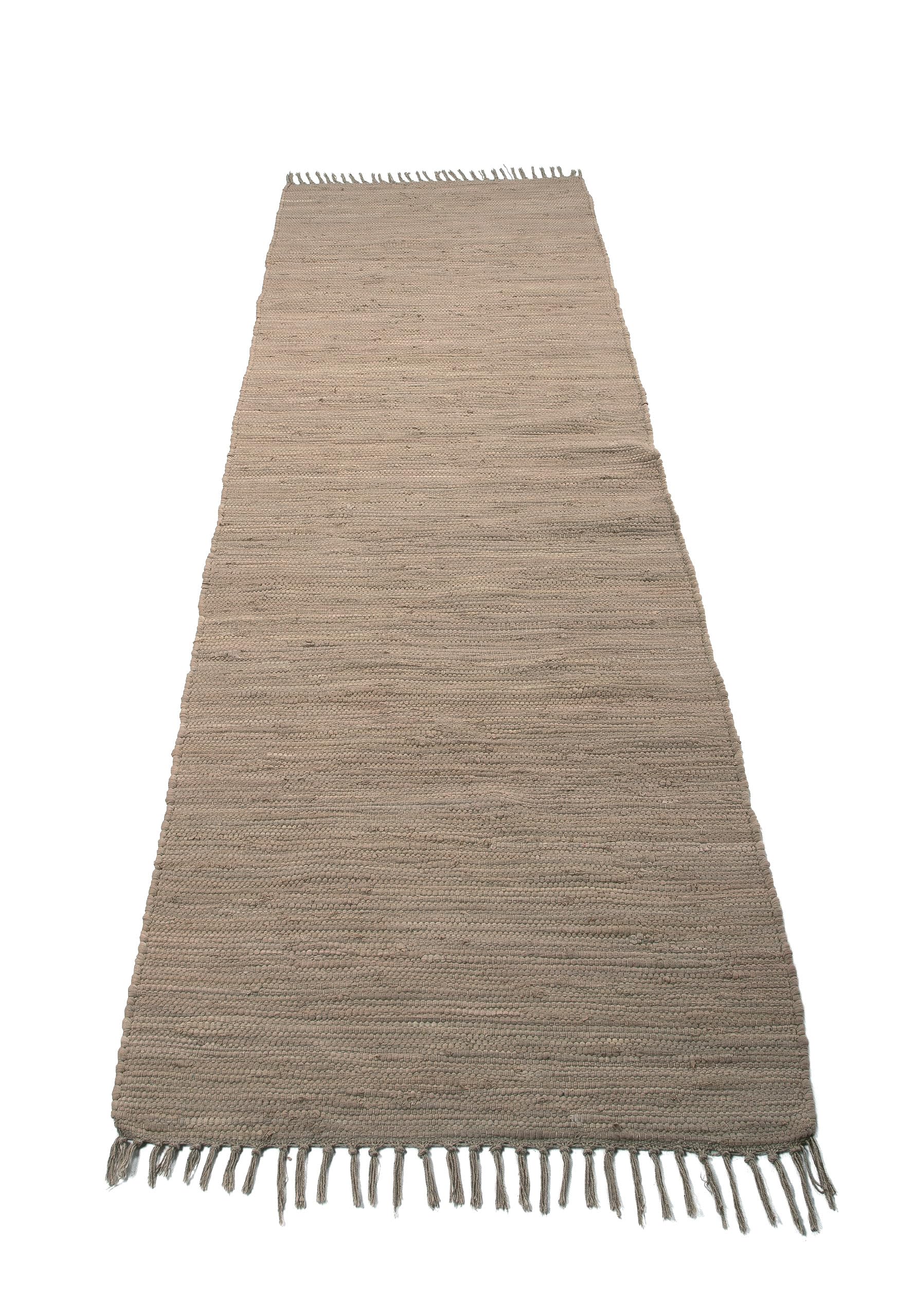 carpetfine Flickenteppich Kelim Chindi Uni Läufer Taupe 70x240 cm, handgewebt | Fleckerlteppich aus Baumwolle für Wohnzimmermit Fransen