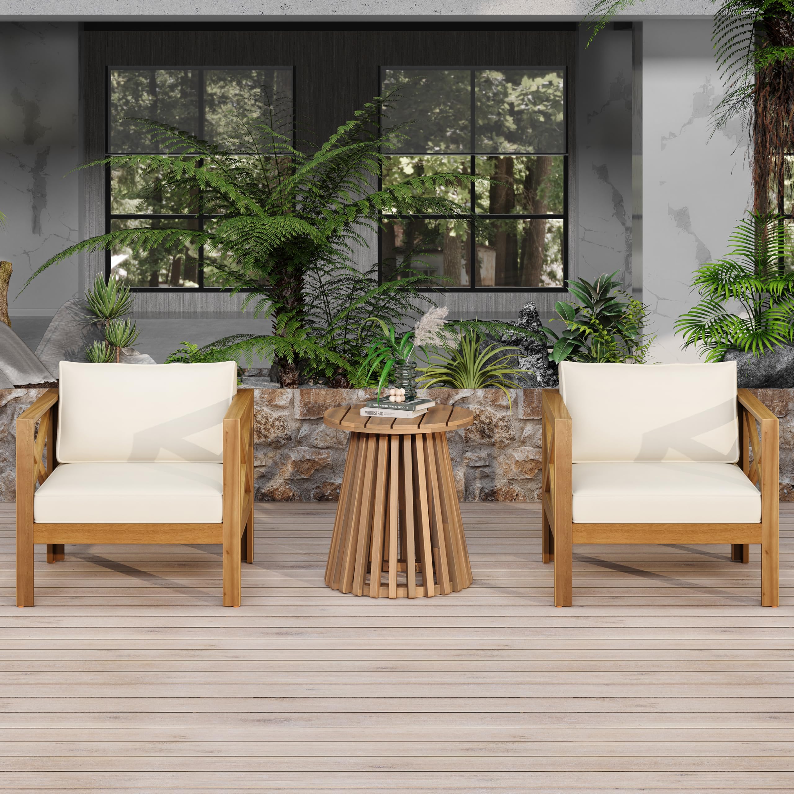Photo 1 of ***PARTIAL SET - PRICE ADJUSTED***Christopher Knight Home Lucy Acacia Wood Outdoor Patio Furniture Set, 3 Pieces Patio Set, Round Side Table and ArmChairs Conversation Set with Cushion for Garden Lawn Balcony, Beige + Light Teak