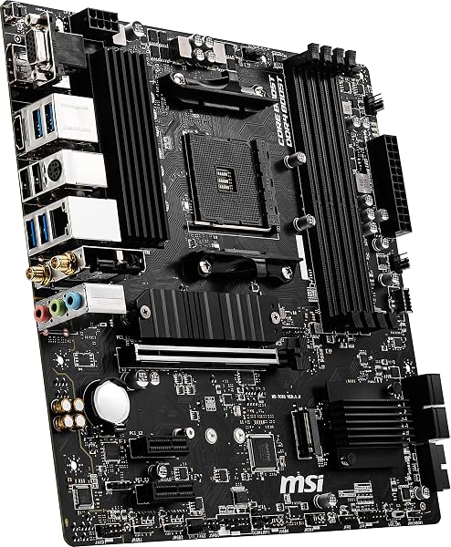 A close-up of the MSI B550M PRO-VDH WIFI motherboard's rear I/O panel, highlighting its connectivity options.