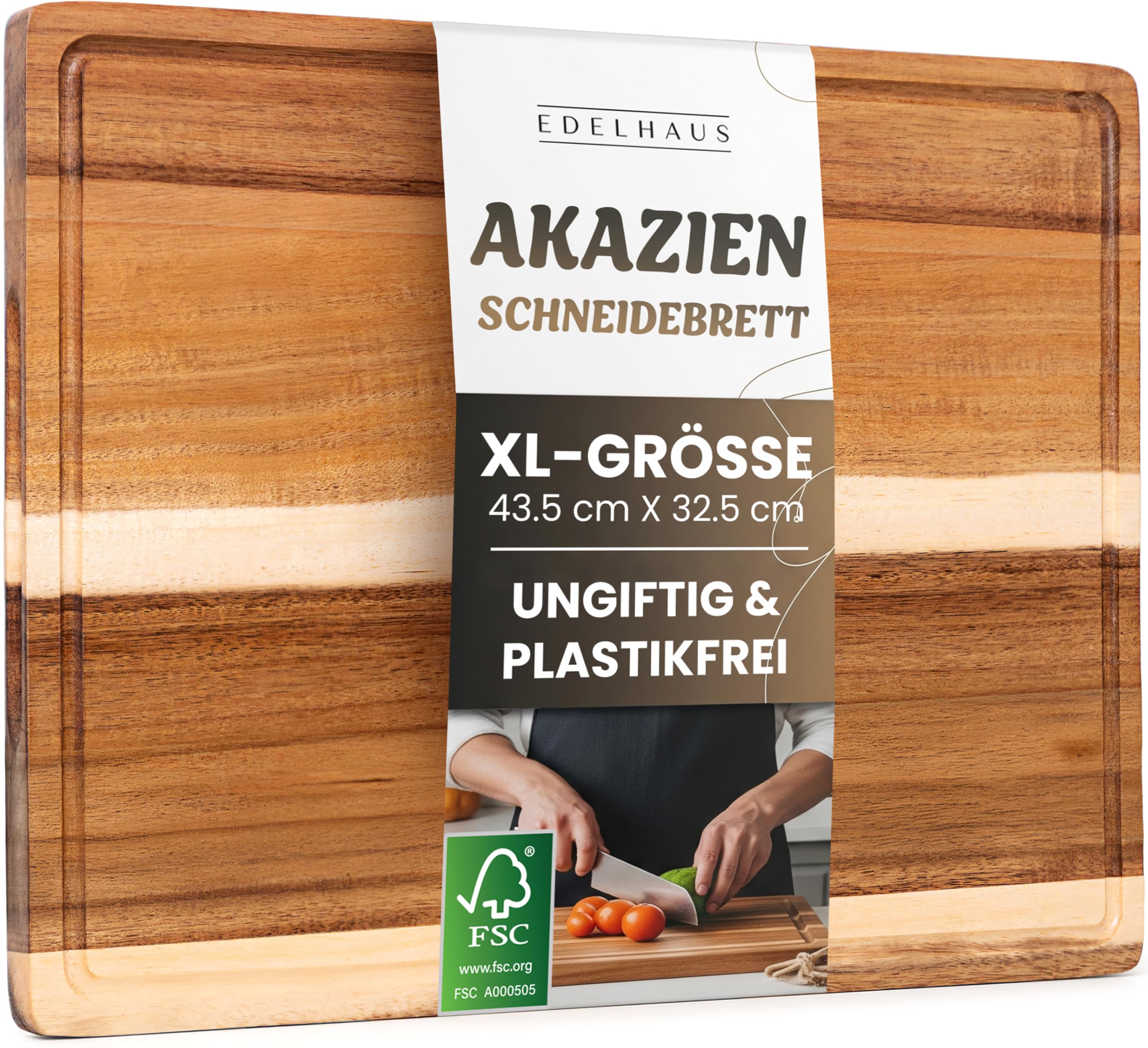 EDELHAUS Schneidebrett Holz (43,5x32,5x2cm) Holzschneidebrett aus Massiver Akazie - 2cm dicke Holzbretter Küche mit Saftrille - Design Cutting Board Schneidbrett