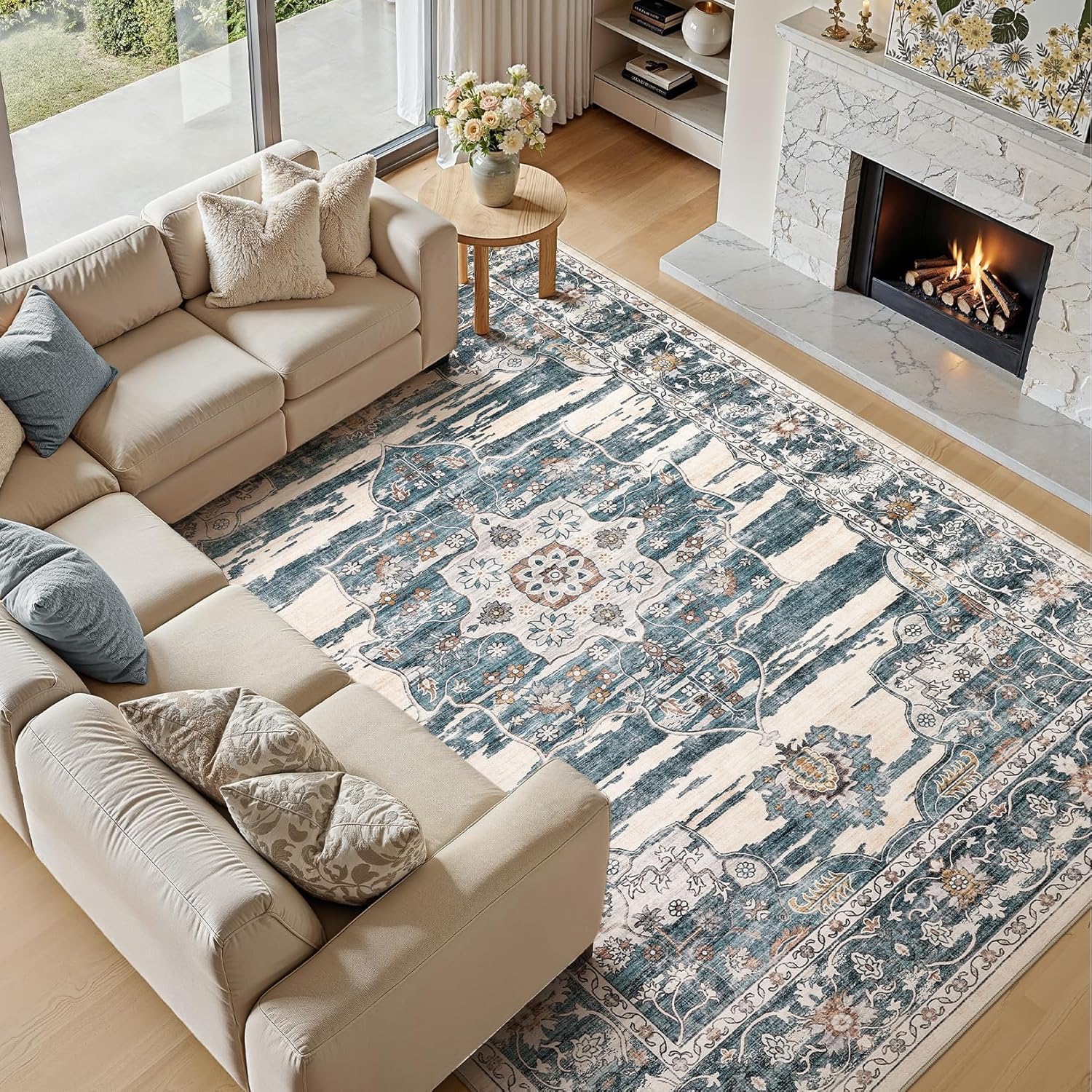 Tapis de zone salon rectangulaire contemporain bleu beige blanc jaune 140x160