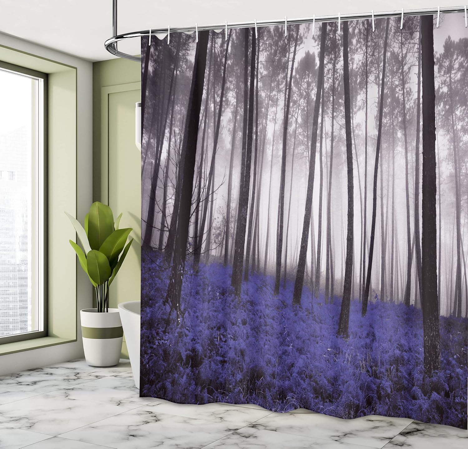 Ambesonne Forest Shower Curtain, Mystical Fantasy Woodland Under Heavy Fog Tall Trees Bushes Contrast Colors, Cloth Fabric Bathroom Decor Set with Hooks, 69" W x 70" L, Quartz Black