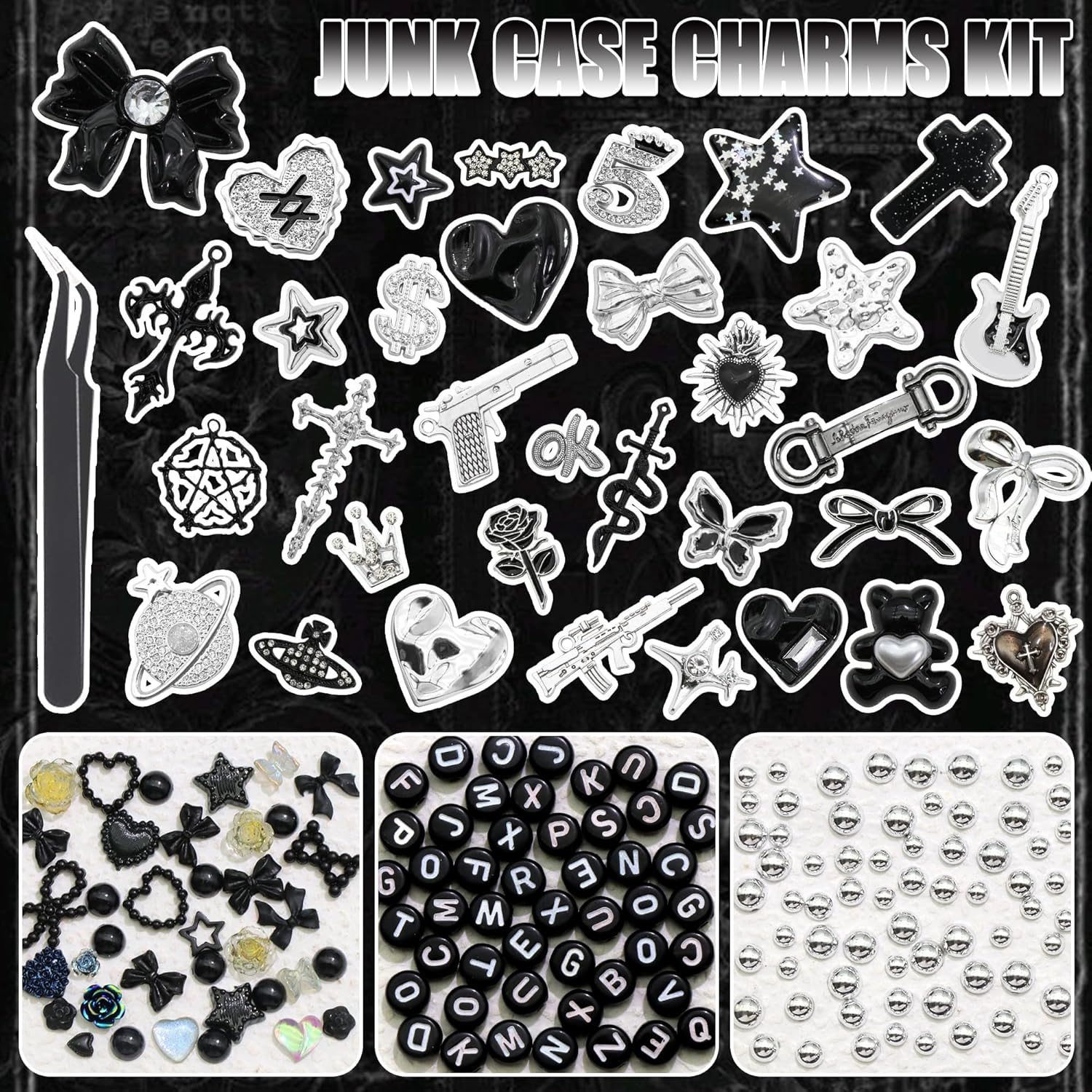BELICEY Black Junk Case Charms Punk Snake Cross Charm for Phone Cases 3D Silver Rhinestone Heart Star Cell Phone Junk Charms Resin Bow Guitar Gun Cherry Rose for Customizing DIY Craft - Image 2