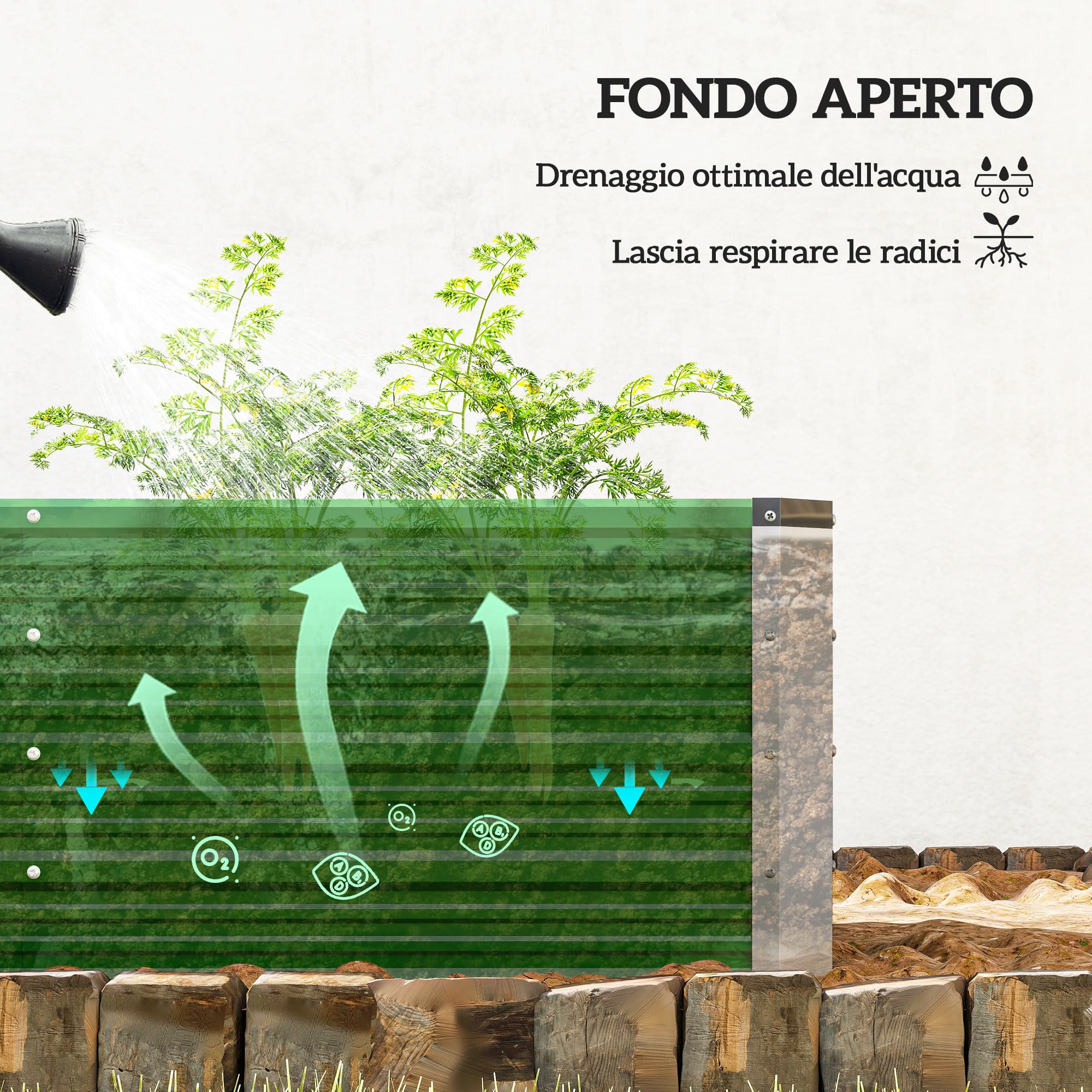 Outsunny Letto per Orto Rialzato da Esterno 210L, Fioriera da Balcone in Acciaio Galvanizzato con Fondo Aperto, per Piante, Fiori e Verdure, 125x47x44 cm, Verde