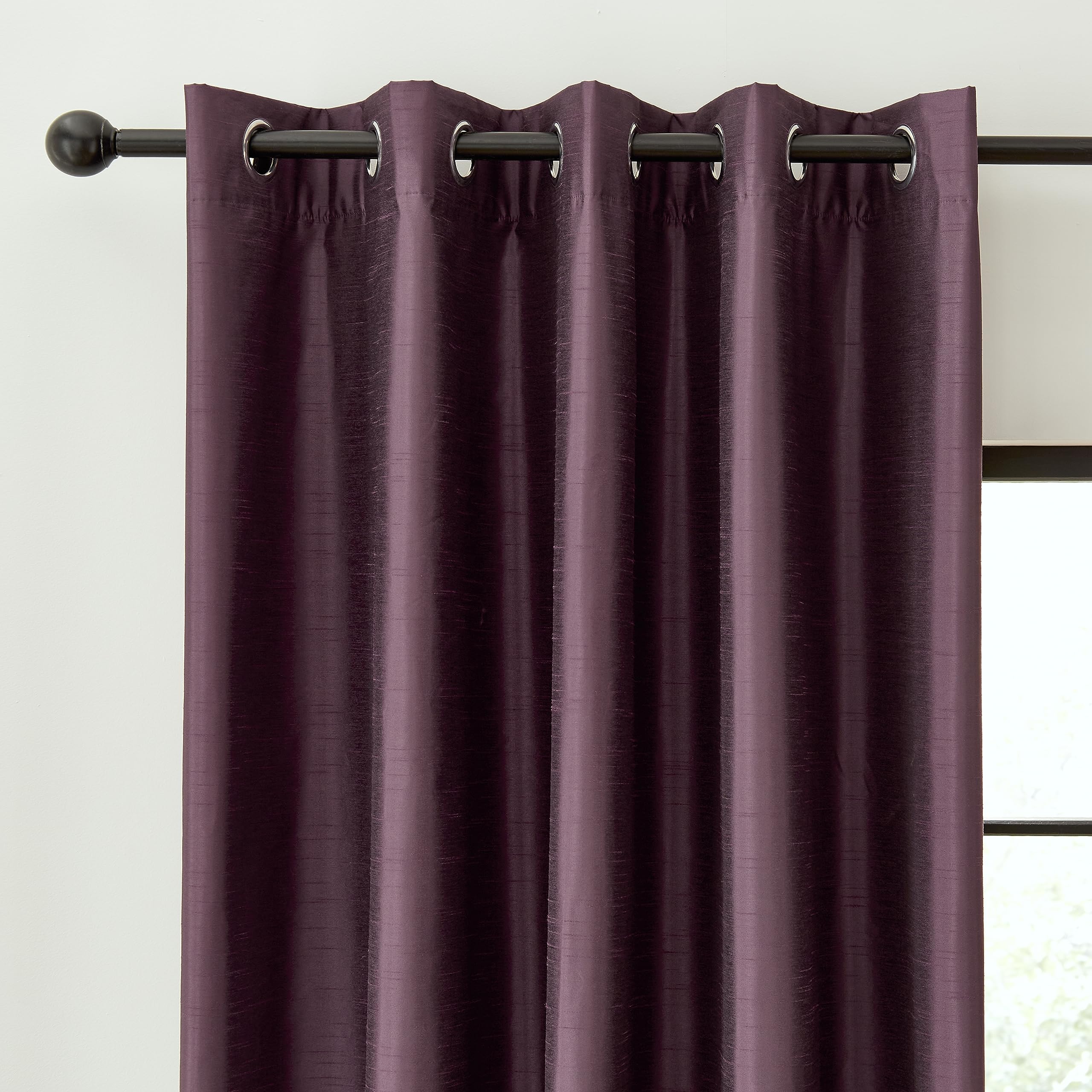 Catherine Lansfield Downstairs Faux Silk 66x90 Inch Blackout Thermal Insulating Eyelet Curtains Two Panels Aubergine - Image 3