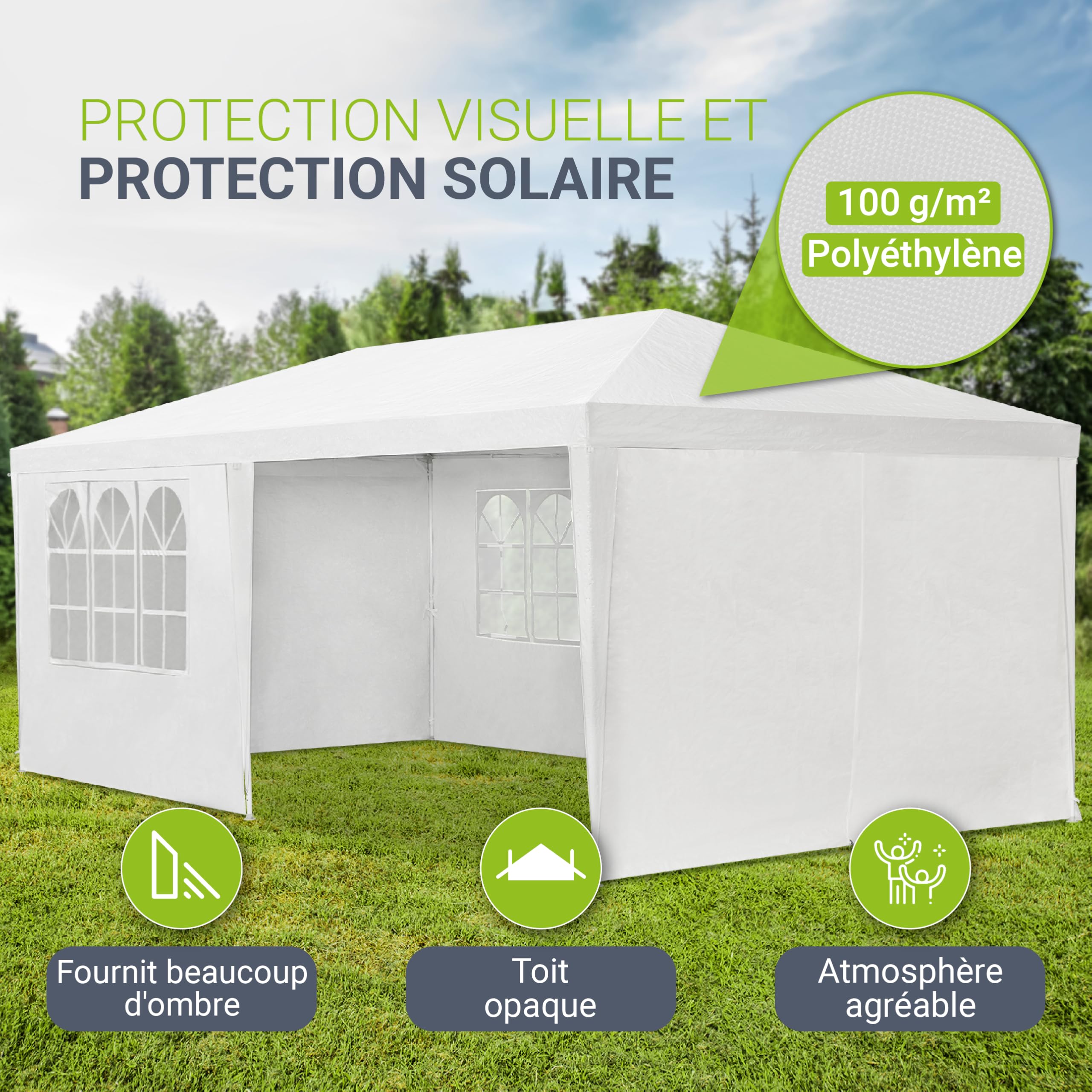 Jusyks Tente de réception 3 x 6 m, Blanc - pavillon de Jardin avec Toit & parois latérales - Tente de Jardin avec 18 m² de Surface au Sol - Protection Contre Le Soleil