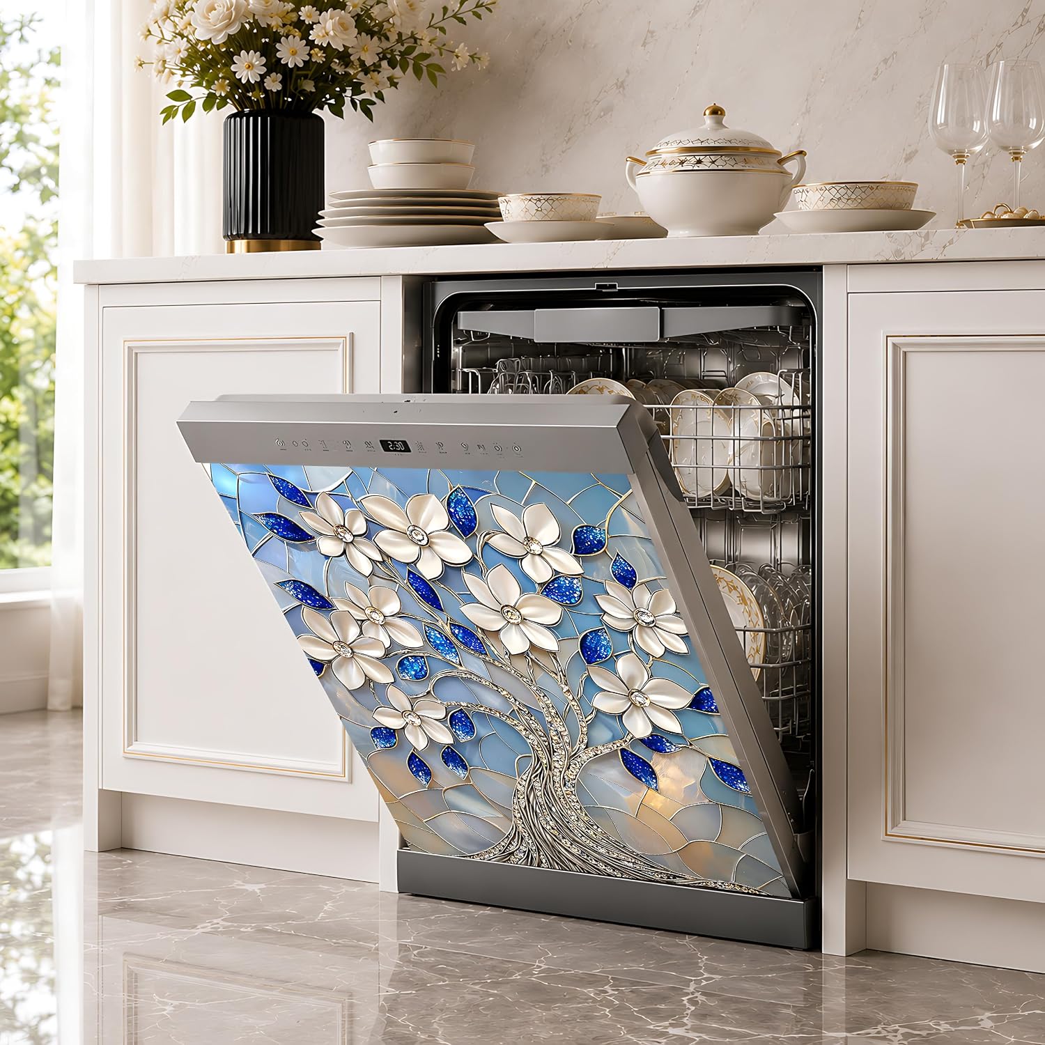 Magnetic Dishwasher Cover Decorative, Stained Glass Tree of Life Floral – Removable Reusable Dishwasher Magnet Covers for the Front, Blue Refrigerator Magnetic Wrap, 23 x 26 in image 2