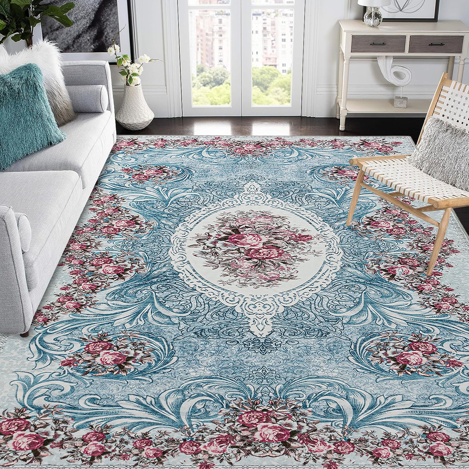 Tapis bleu sarcelle léger lavable motif fleuri pour salon