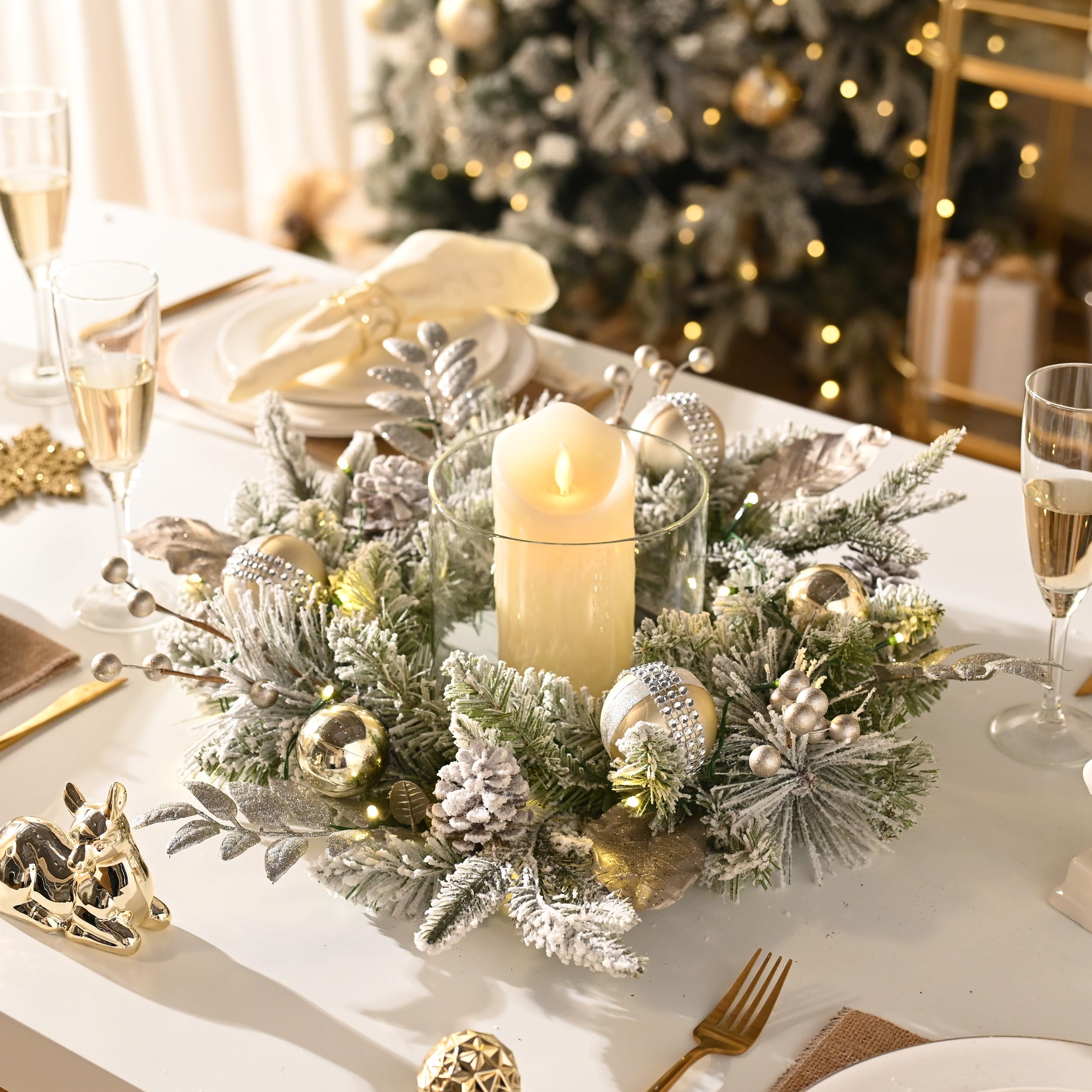Valery Madelyn 16 Zoll/40CM Weihnachtskranz türkranz Weihnachten, haustür weihnachtskranz Weiß Gold, Adventskranz mit 20 LEDs Timer und Tannenzapfen Weihnachtskugeln für Weihnachtsdeko Feste Advent