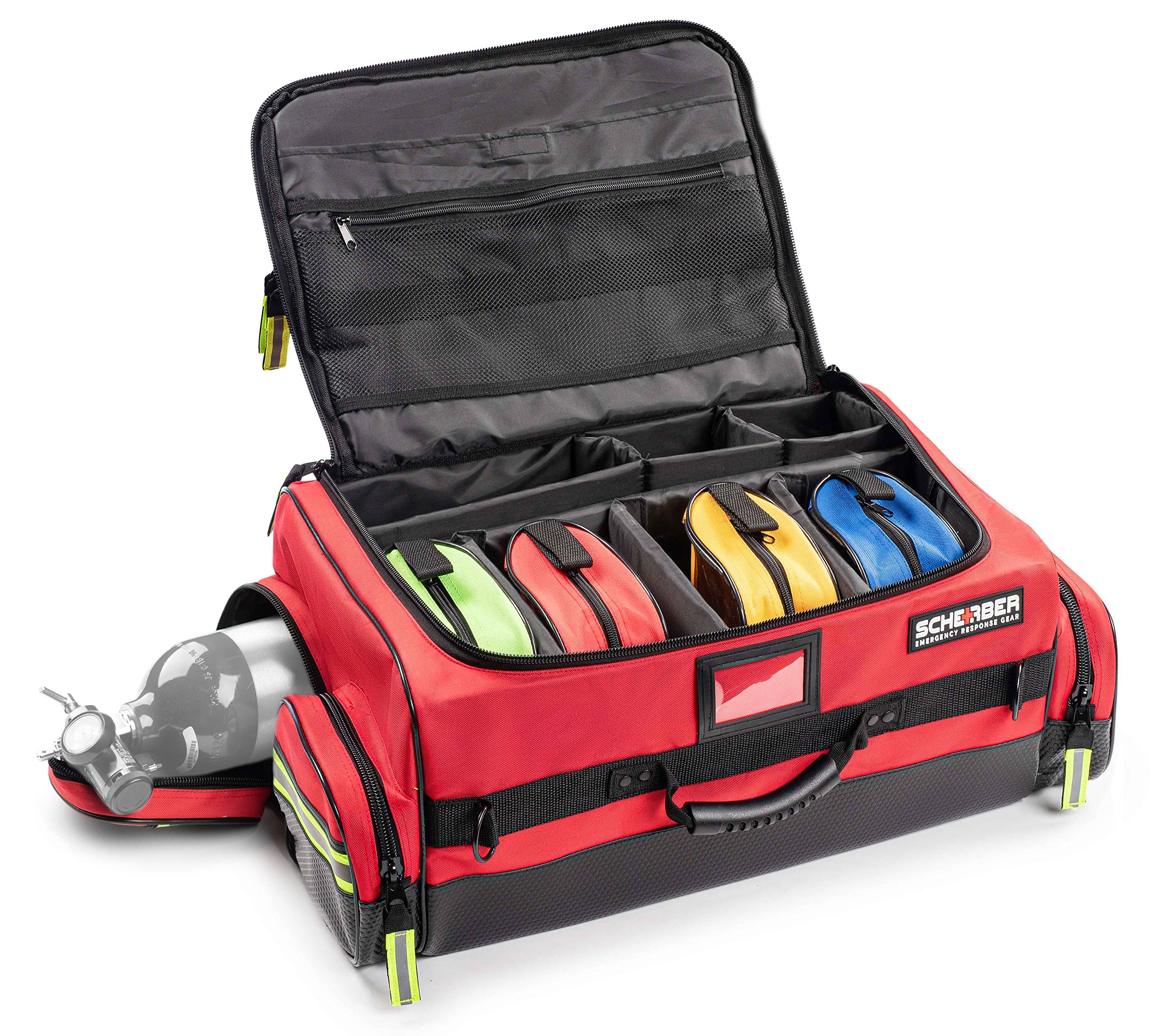 Scherber First Responder O2 Bag | Ultimate Professional EMT/EMS Trauma Oxygen Kit | Durable Reflective 600D Water Repellant Bag w/10+ Compartments,