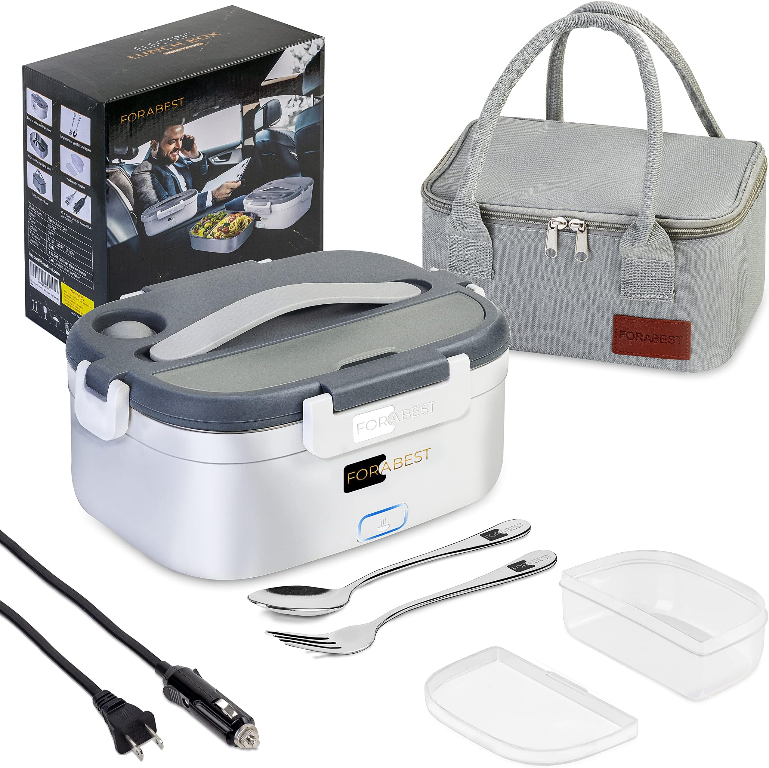 FORABEST Electric Lunch Box Food Heater Upgraded 60W Leakproof 2-in-1 Portable Food Warmer Lunch Box for Car & Home with Power on Button, Removable Container, Large Fork, Spoon