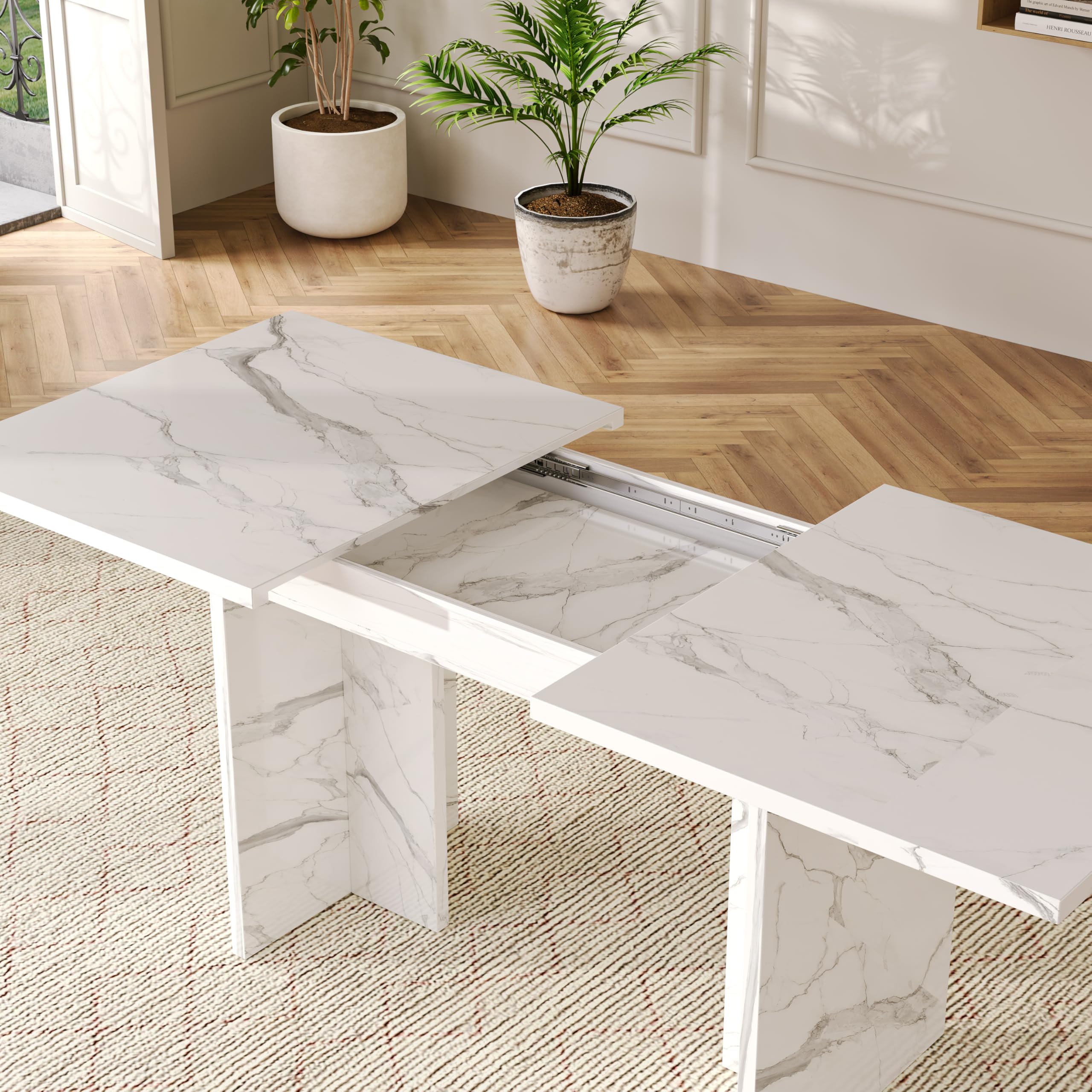 Rozsuwany stół do jadalni 140-180 x 80 cm dla 6-8 osób, wygląd białego marmuru, stół kuchenny z płytą MDF o grubości 30 mm, stabilny stół rodzinny do jadalni i kuchni