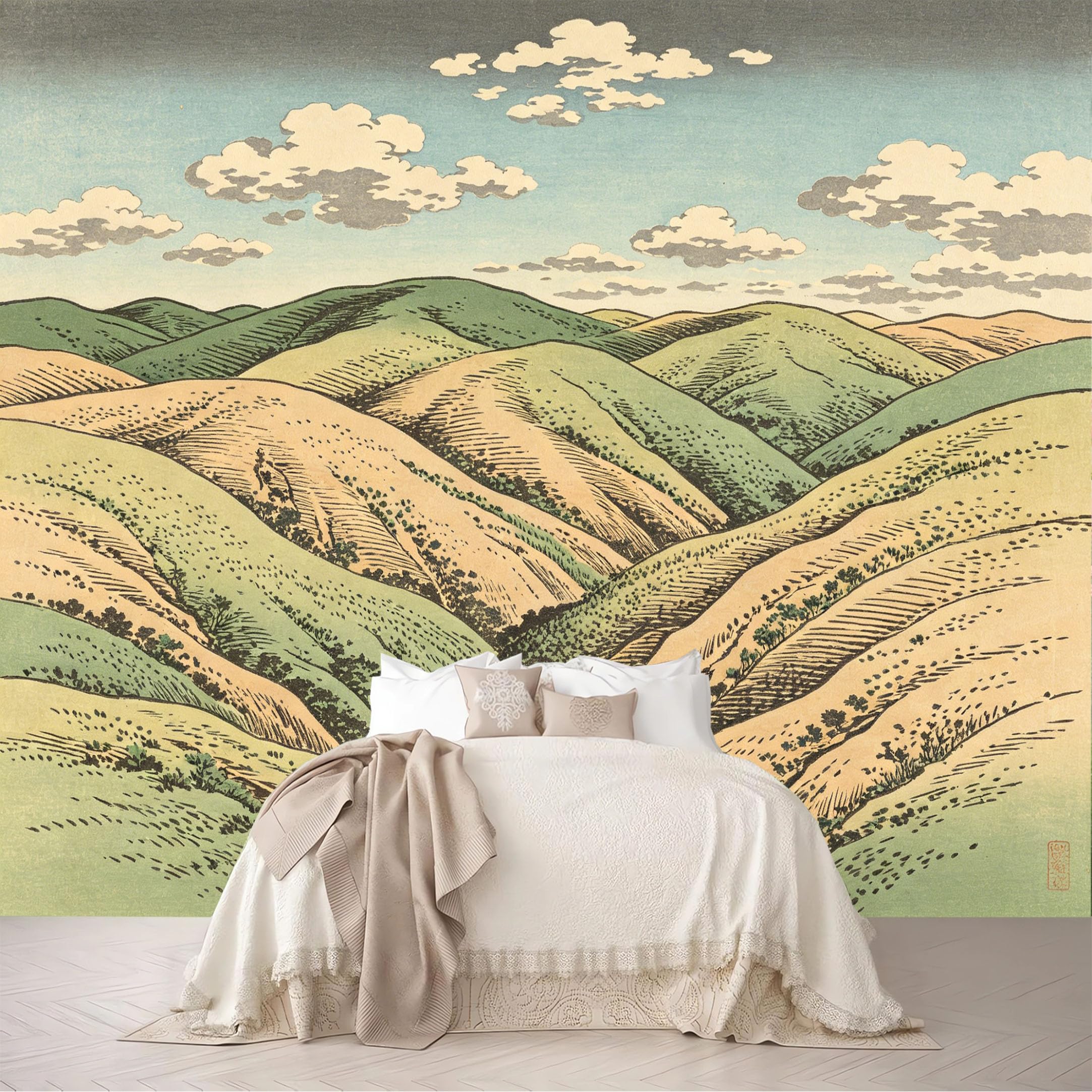 Dskjoviality Ab260706031 Custom Size Wall Mural Ukiyo-E Rolling Green Hill Countryside Cloud Removable Self Adhesive Peel And Stick Wallpaper For Bedroom Living Room Dining Room