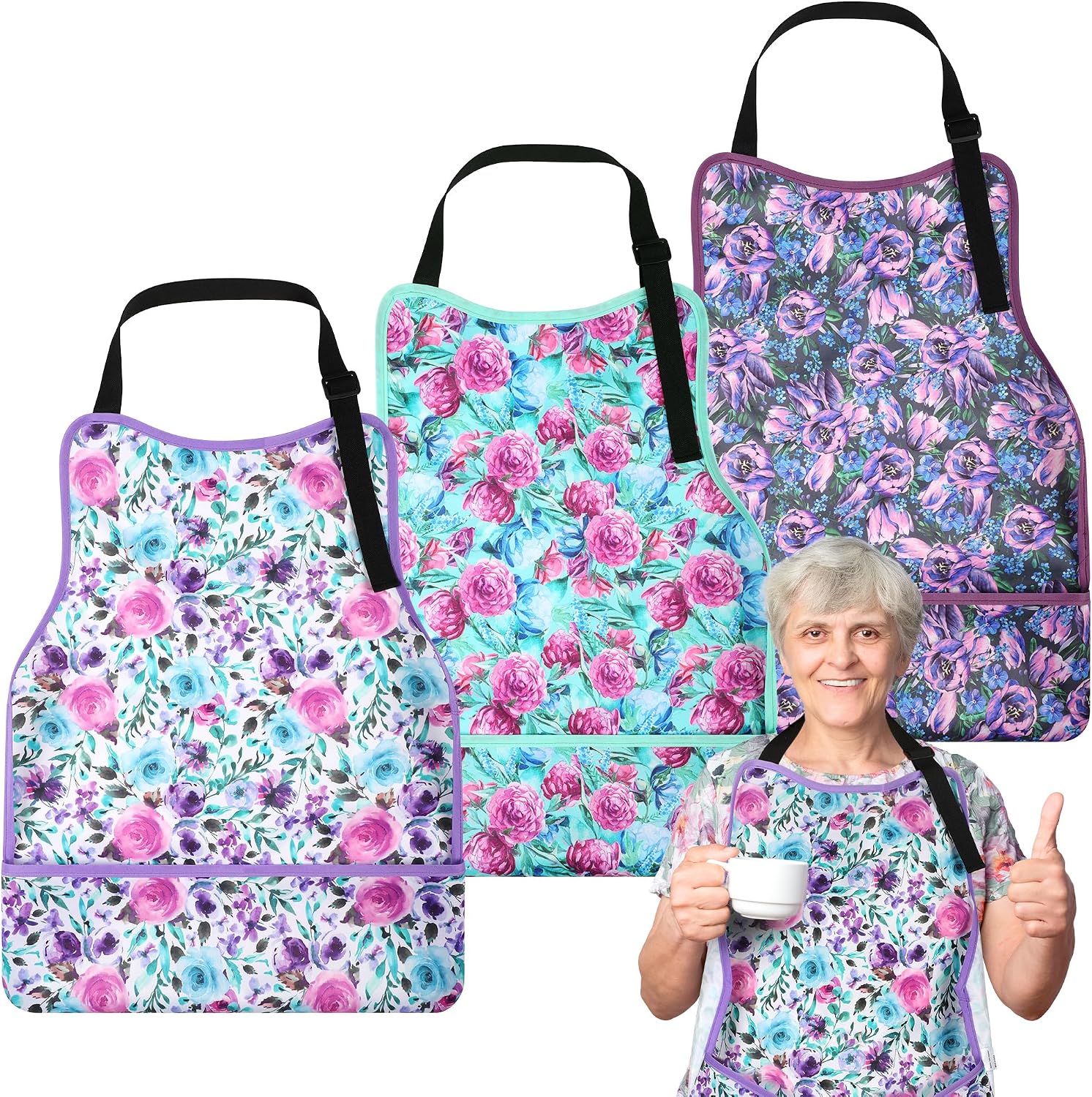 3 Pack Adult Bibs for Women, Washable Large Feeding Adult Bibs with Upgraded Crumb Catcher and Adjustable Drawstring, Clothing Protector for Elderly Seniors and Disabled, Peony