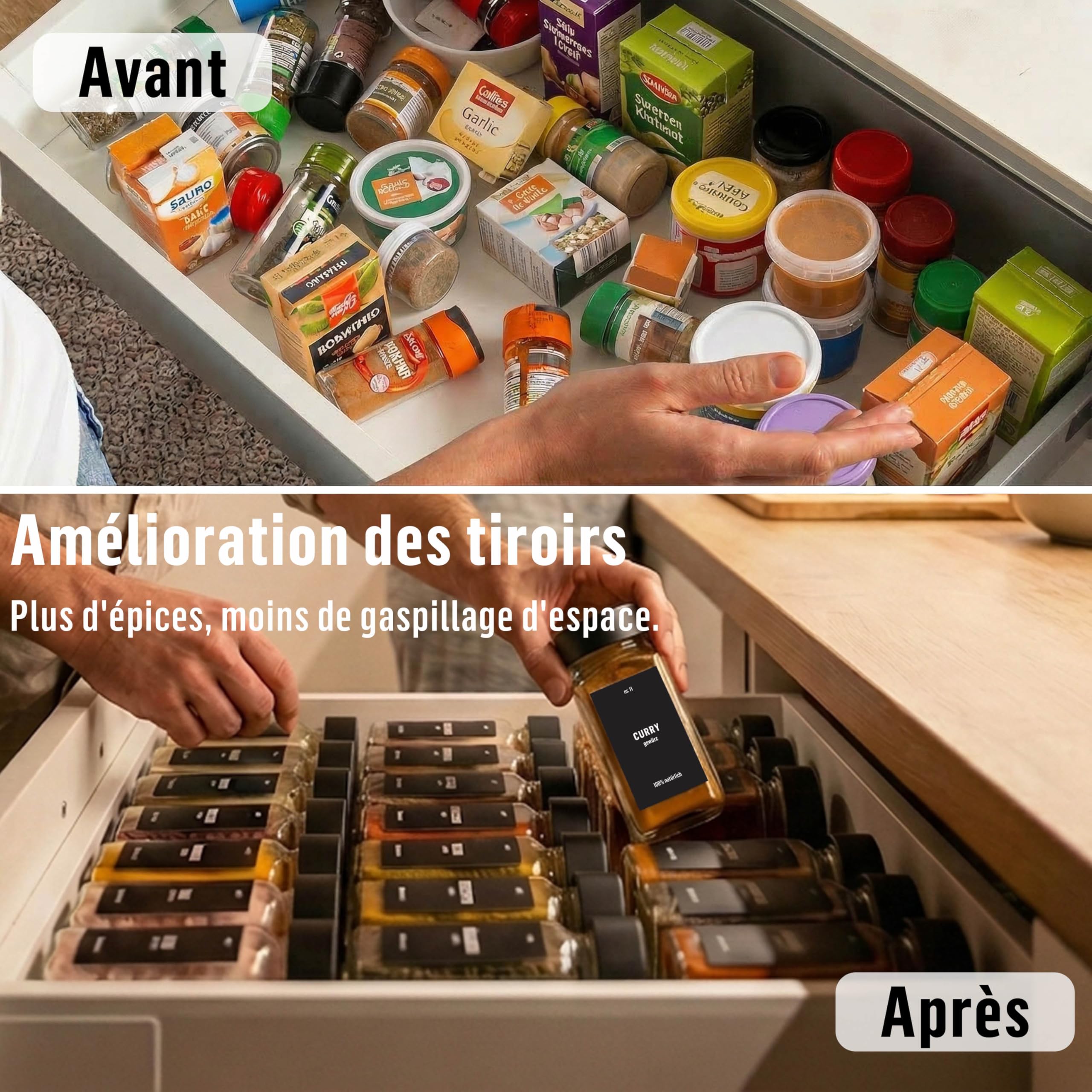 Deco haus® Lot de 36 Bocaux à Épices Carrés Hermétiques [avec Étiquettes & Saupoudreur] - Bocaux en Verre - Pot a Epices en Verre et Bois, Spice Jars - Récipients d'Épices - Pot à Epices