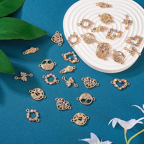 Miniatura 7 de Craftdady 28 dijes esmaltados para el mal de ojo, diamantes de imitación de cristal con forma de corazón de árbol de corazón plano y redondo, dijes