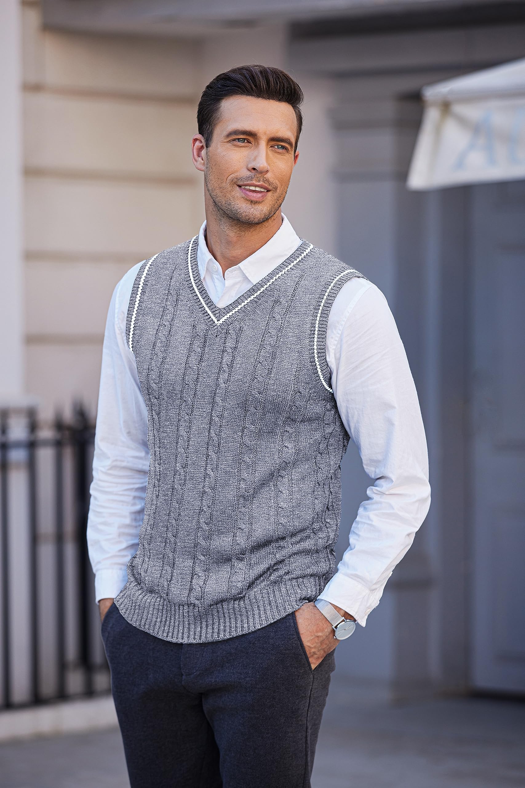 COOFANDY Maglione da uomo con scollo a V, vestibilità aderente, casual, senza maniche, lavorato a maglia