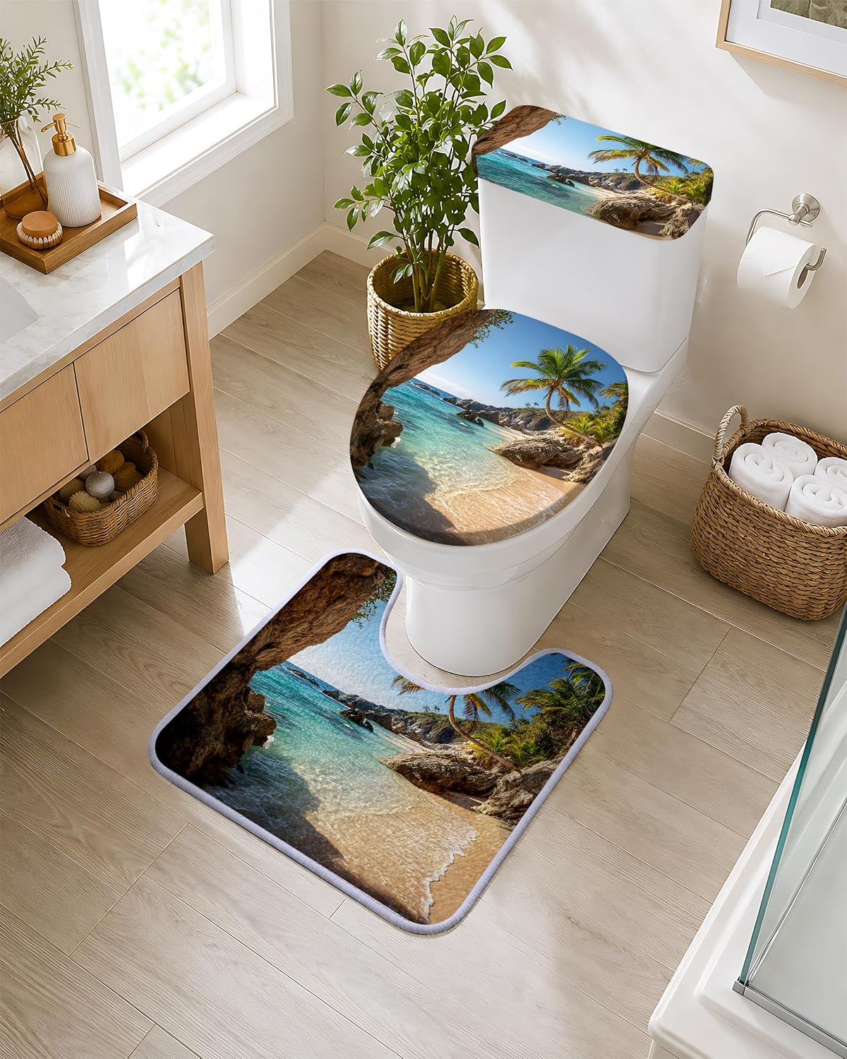 BVBOX 3 Piece Toilet Lid Cover Set with Tank Lid Cover and U-Shaped Contour Bathroom Rug, Faux Cashmere Rug with Non-Slip TPR Backing