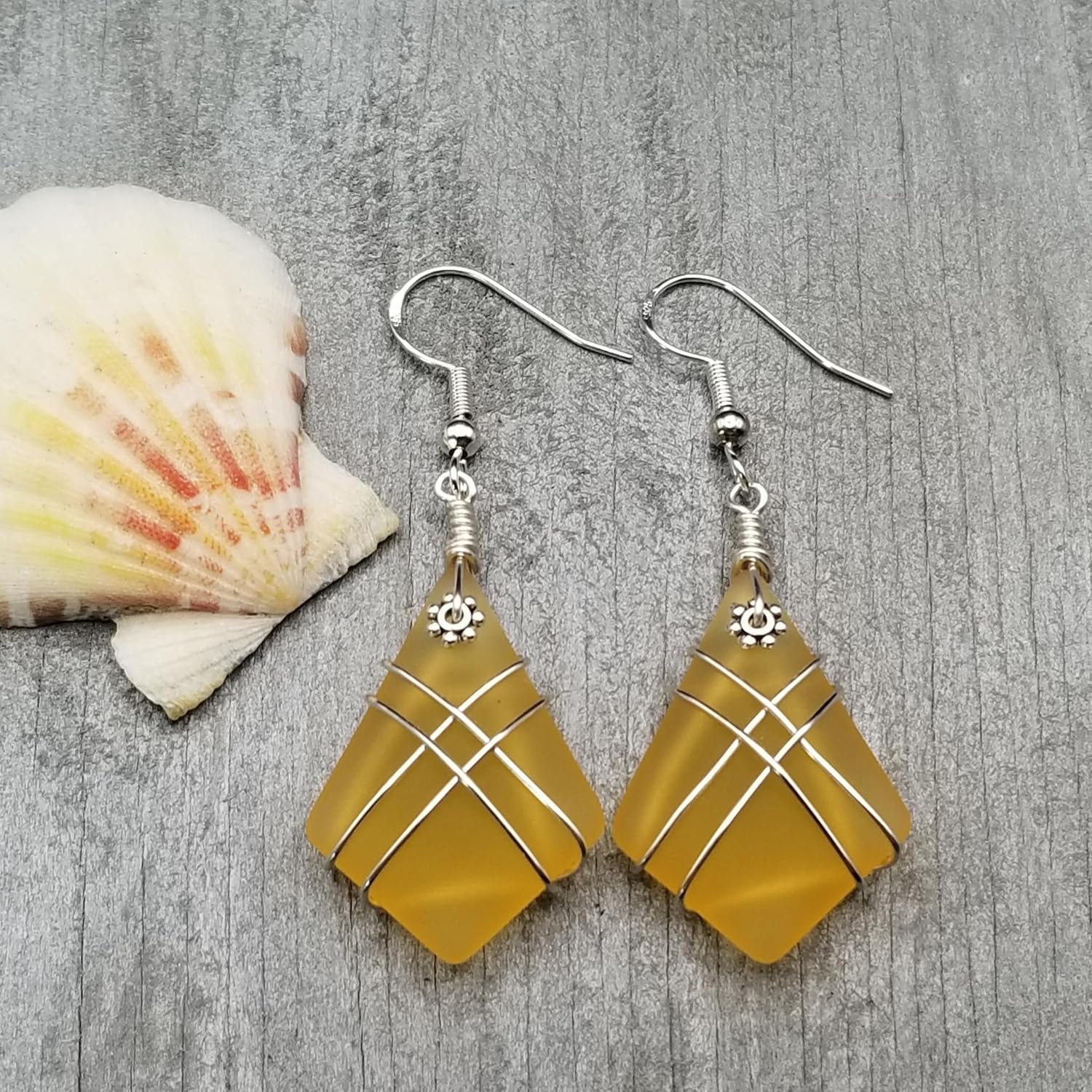 Handmade Sea Glass Earrings, Hawaiian Jewelry, Wire Cross Earrings, Handmade Earrings Sea Glass Jewelry For Women Birthday Gift For Her