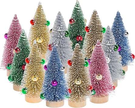 HOVEOX 12 Pieces Christmas Trees - Bottle Brush Mini Pine Trees, Small Sisal Artificial Trees for Christmas Decoration Multicolor