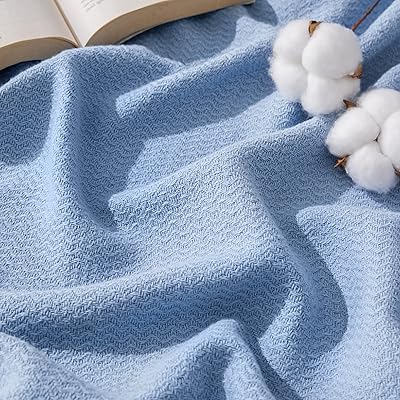 Bedsure GentleSoft 100% Cotton Blanket Queen Size for Bed - Breathable and Lightweight, Soft Cozy Textured Herringbone Woven Blanket for Summer, Ashley Blue, 90x90 inches