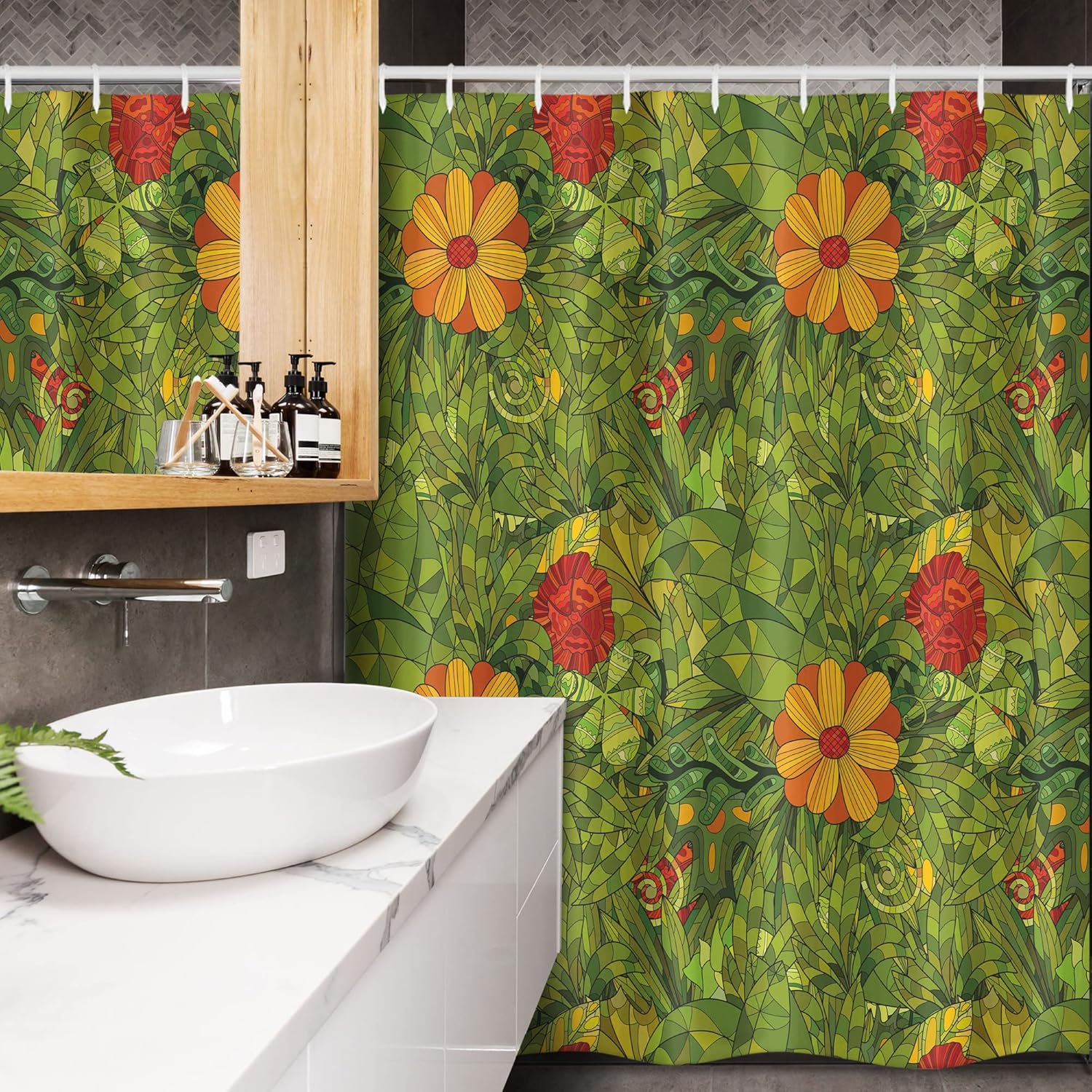 Ambesonne Floral Stall Shower Curtain, Funky Flower Foliage Bush with Fractal Retro Jungle Art Design, Fabric Bathroom Decor Set with Hooks, 54" W x 78" L, Olive Green Vermilion