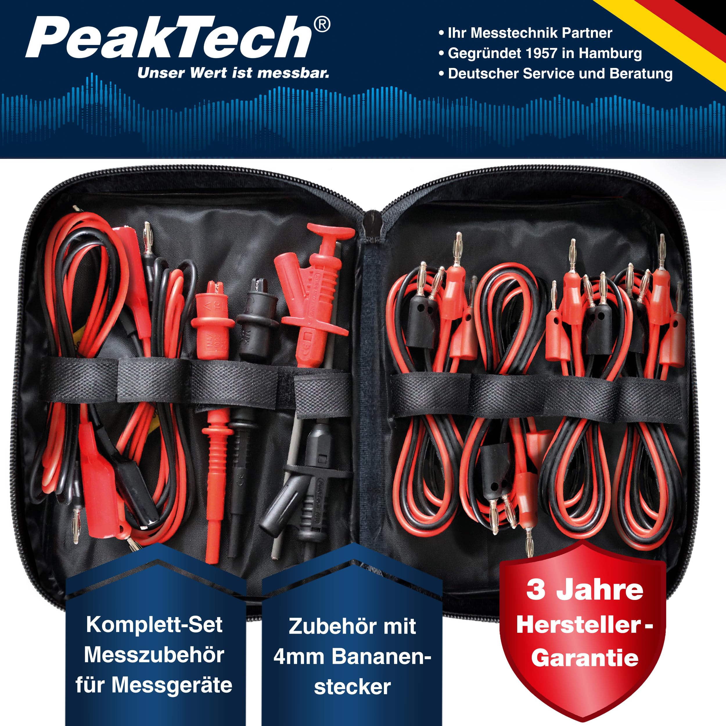 PeakTech P 8201, Set di cavi di misura da 19 pezzi per alimentatore da laboratorio e multimetro, Con sonde di prova, cavo con spina a banana, morsetti a coccodrillo