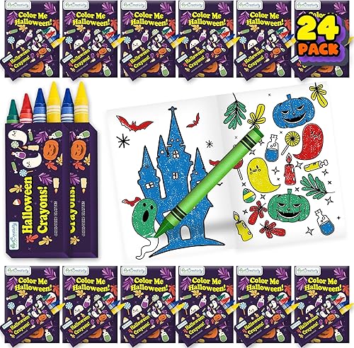 ArtCreativity Paquete de 24 mini juegos de libros para colorear de Halloween para niños, incluye 24 libros pequeños para colorear y 96 crayones de