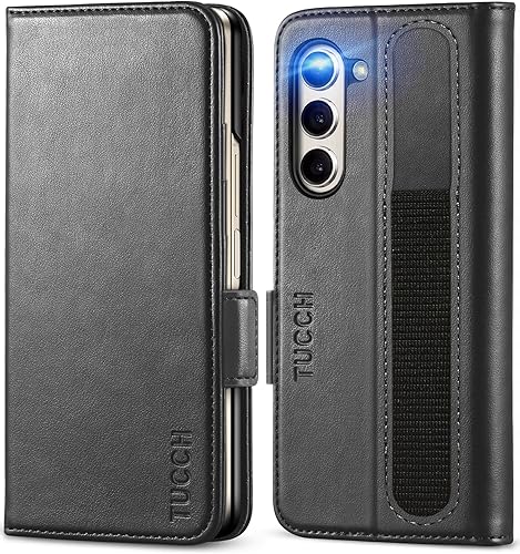 TUCCH Funda tipo cartera para Galaxy Z Fold 5, con función atril y ranura para tarjetas con bloqueo RFID, piel sintética, funda protectora de