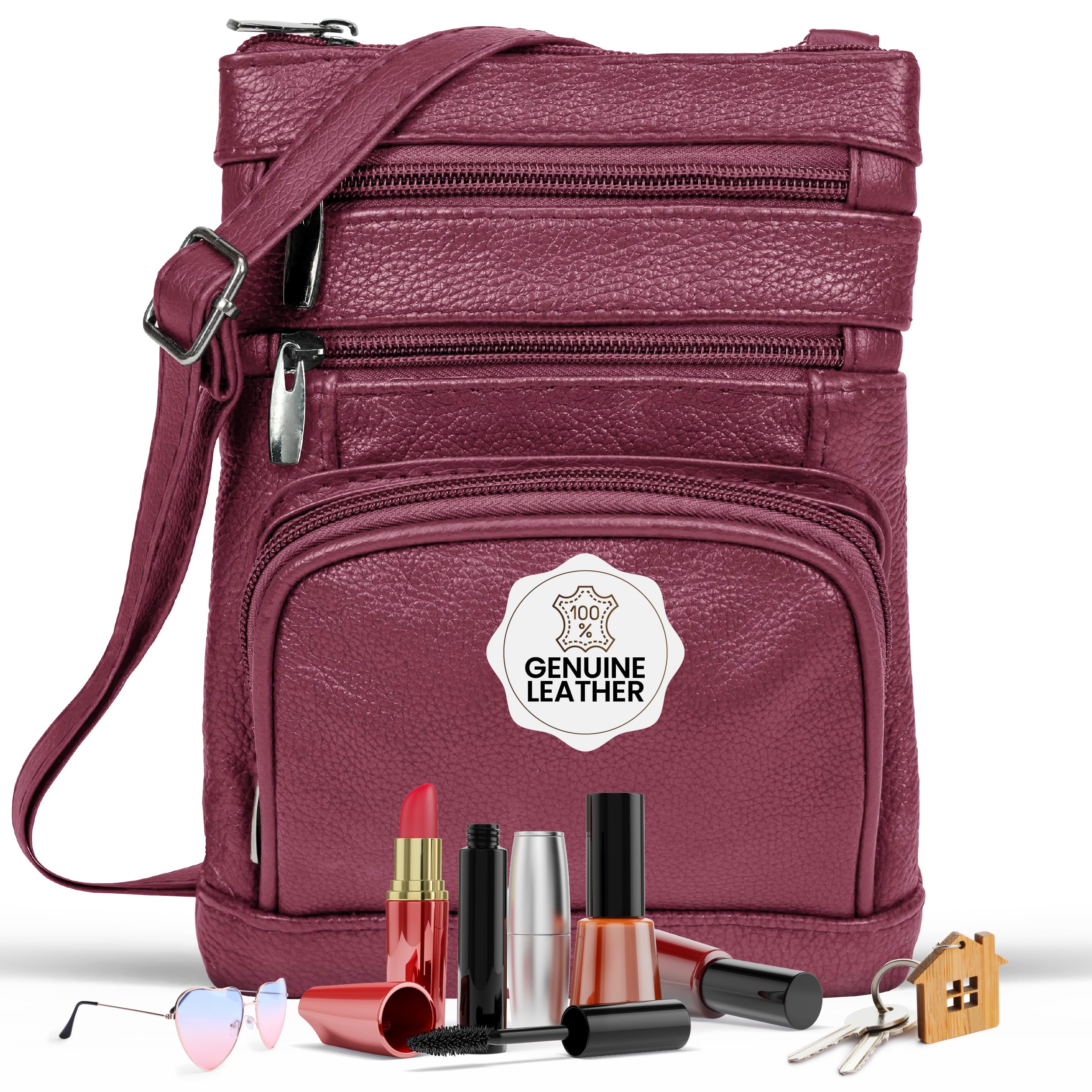 Krediz leather Crossbody Purses for Women, Multi Pocket Crossbody Purse with Adjustable Strap, Soft & Durable Leather Purse