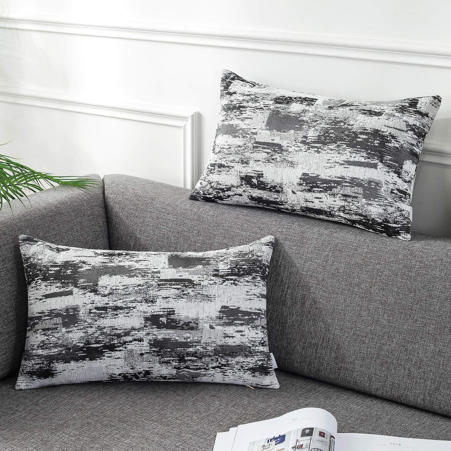 AmHoo Pack of 2 Chenille Abstract Plaid Throw Pillow Covers Art Decorative Square Accent Pillowcase for Cushion Bed Sofa 12x20Inch Grey