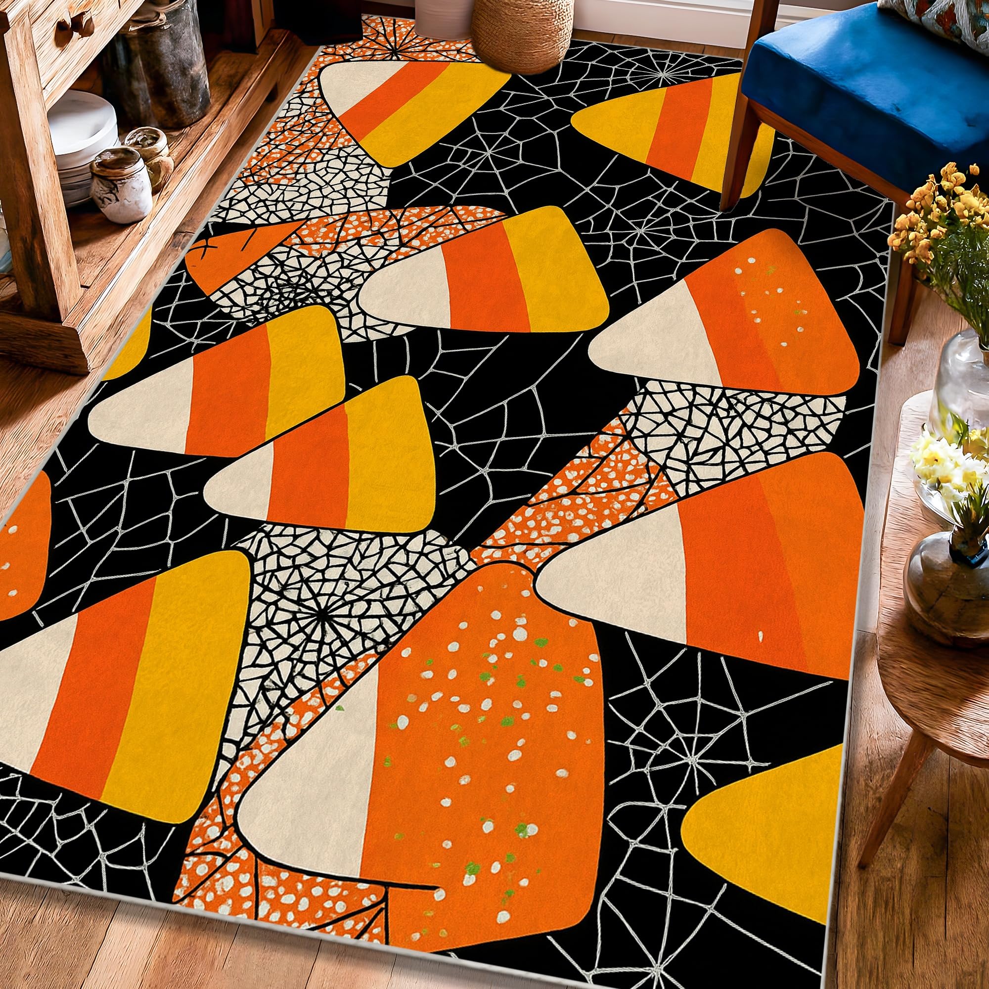 Tapis d'Halloween orange et noir toile d'araignée 1,2x1,8m pour salon