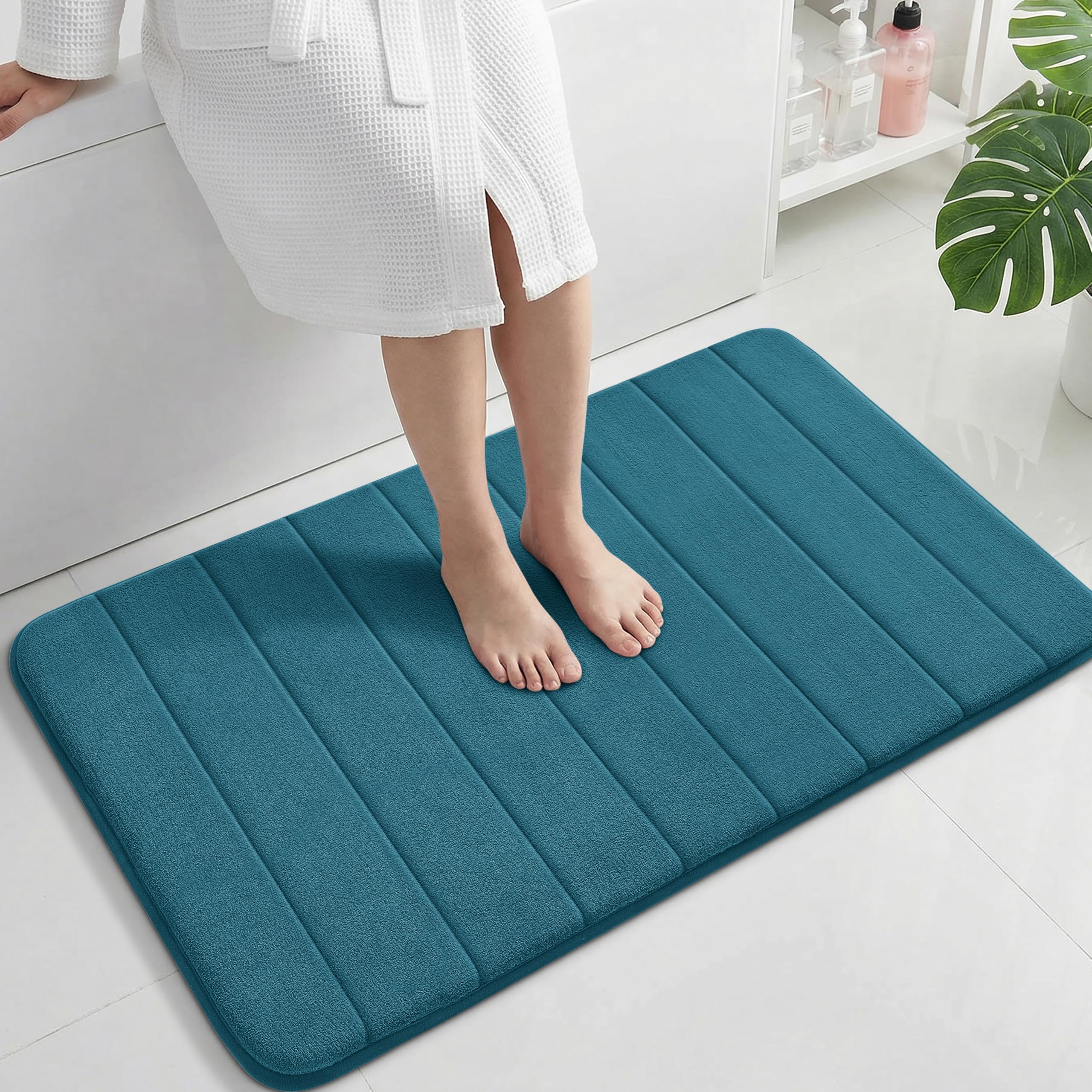 Yimobra Large Bath Mat 36"x24", Super Soft Quick Dry Memory Foam Bathroom Rug, Water Absorbent, Non Slip Backing Machine Washable for Tub Shower, Thick Comfort Support, Peacock Blue