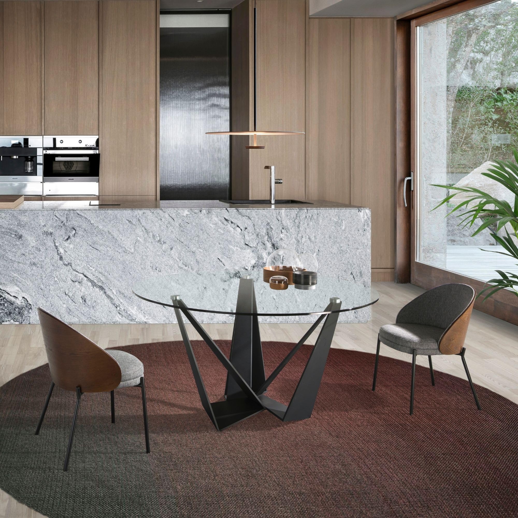 Mesa de Comedor Redonda Ángel Cerdá 1045 de Cristal Templado Transparente y Patas de Acero Color Negro, Ø 150 x 75 cm