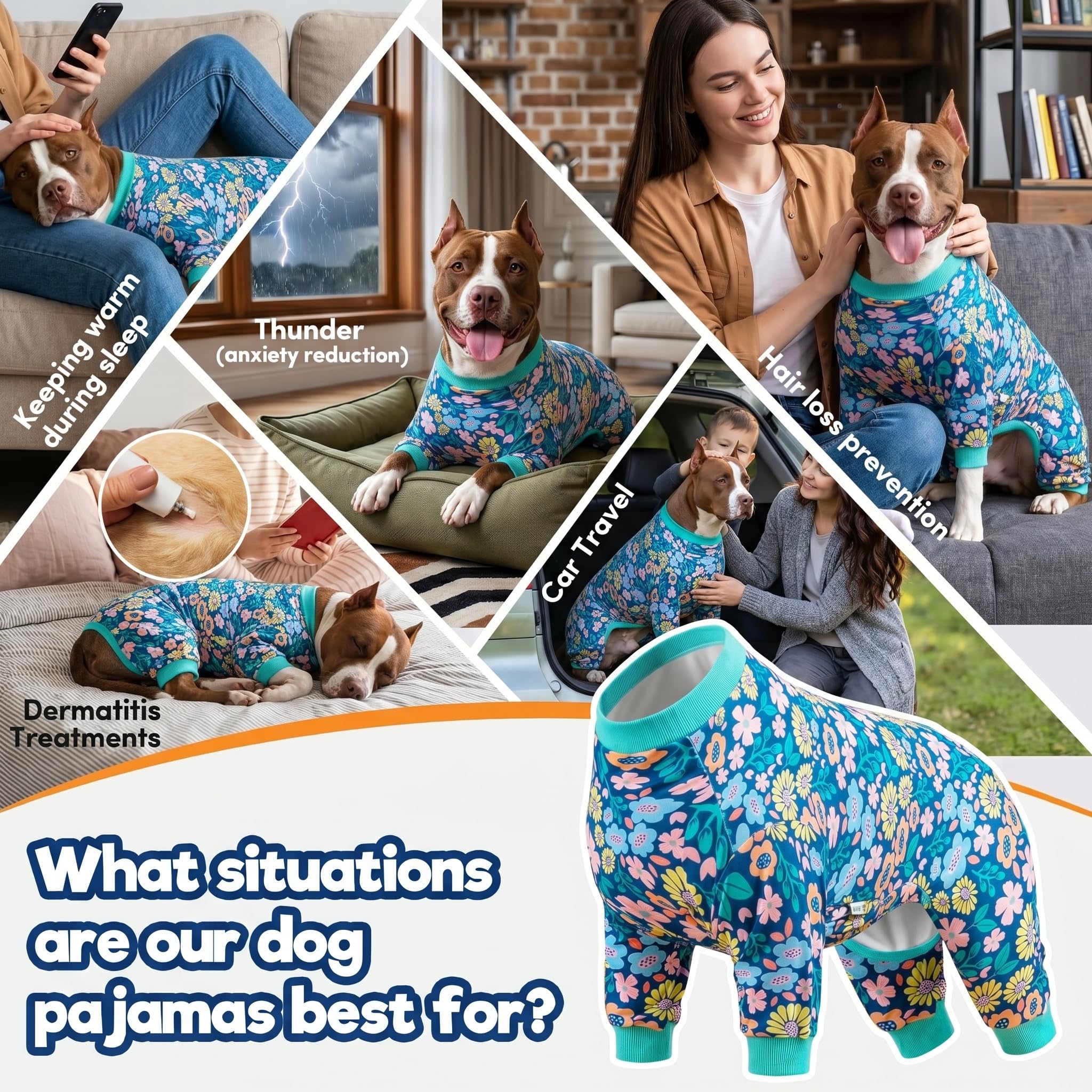 LovinPet Einteiler für Hunde nach Operationen, für große Hunde, nach Operationen, leichter Stoff, Pitbull-Hundepullover, Pyjama, Welpen-Pyjama, Pitbull-Kleidung, Blau-Grün, Größe XL