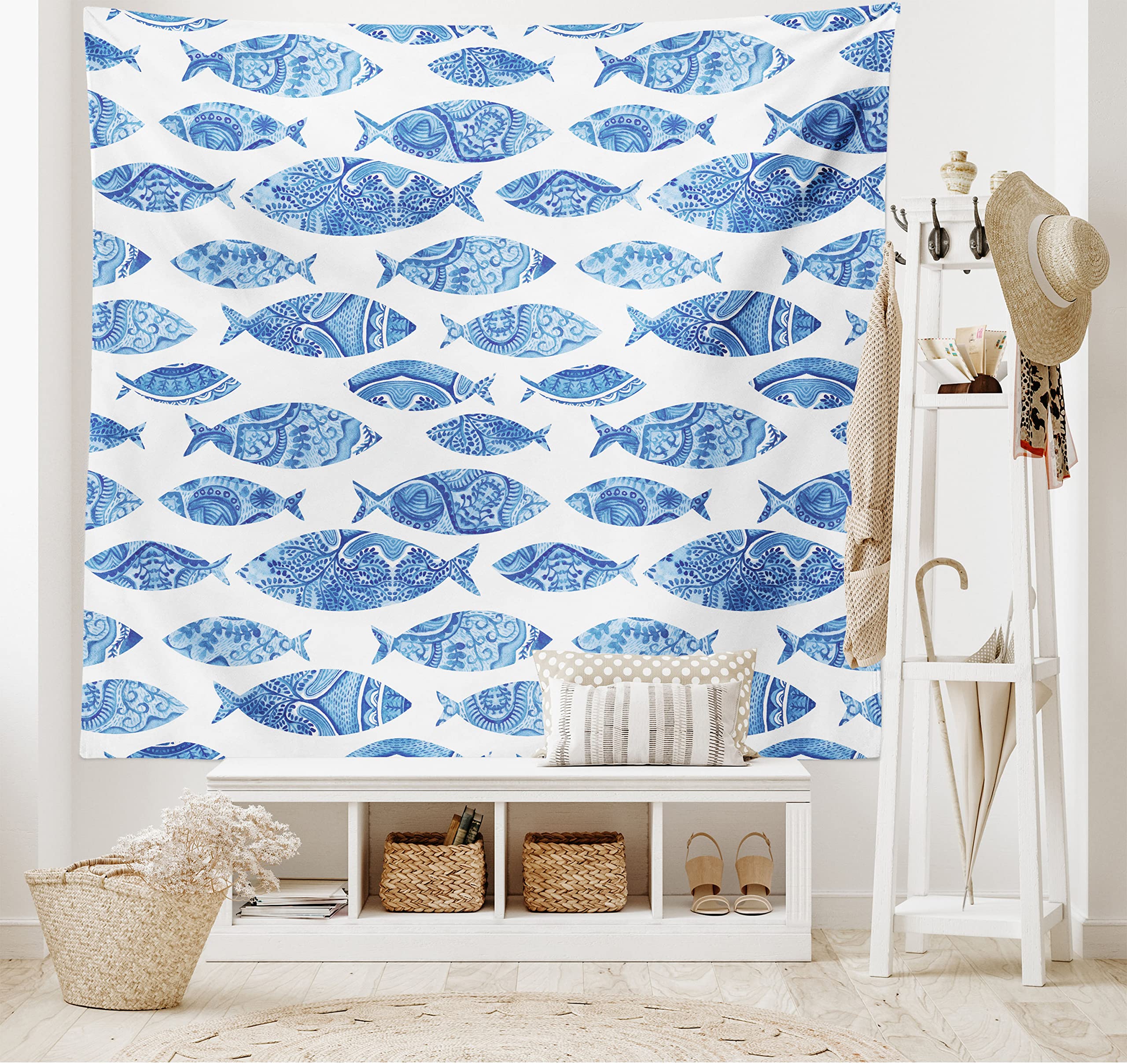 Ambesonne Blue Tapestry, Fish Sea Animal with Ottoman Ornate Mosaic Hand Drawn Style Marine Artwork, Wide Wall Hanging for Bedroom Living Room Dorm, 80