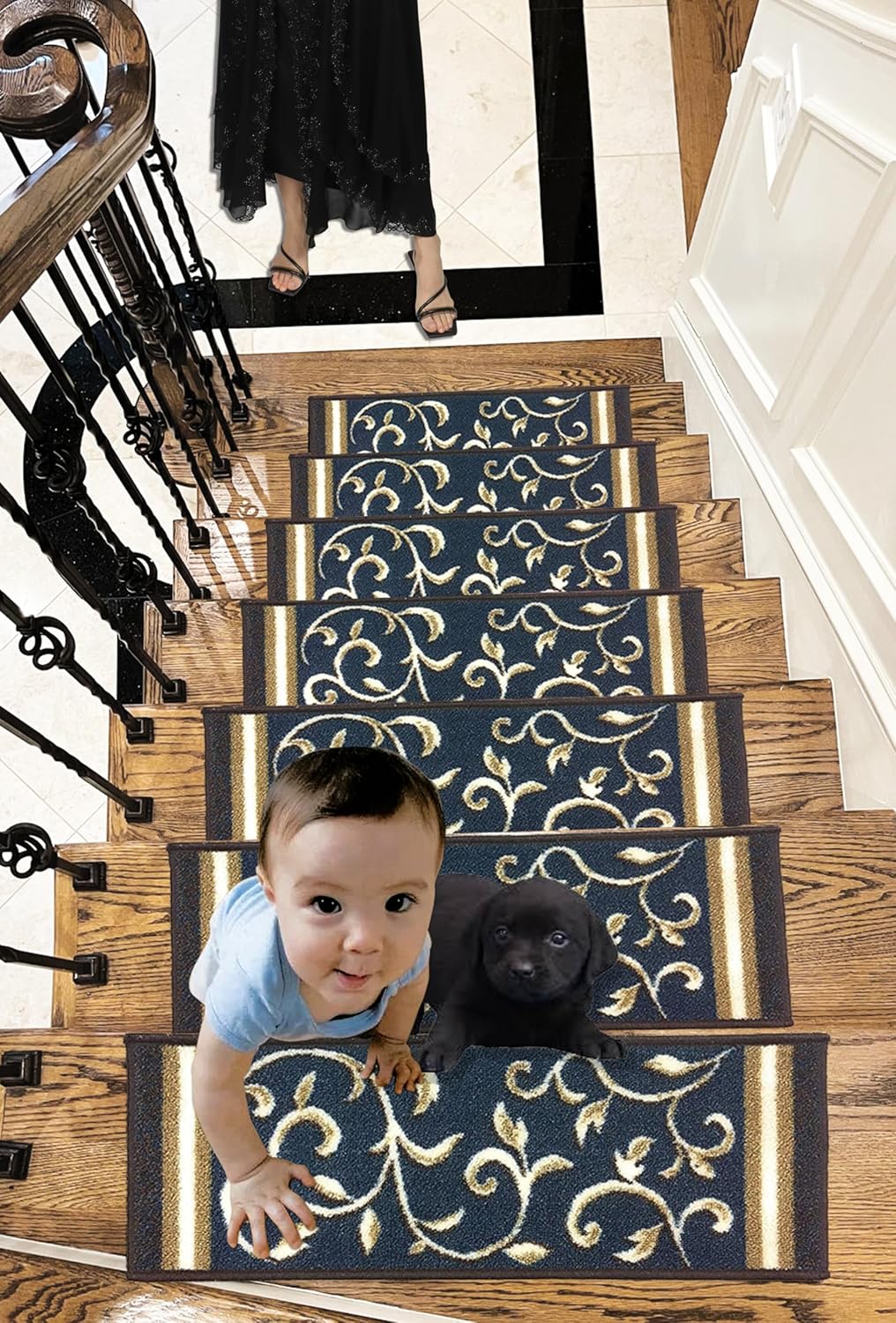 Gloria Non Slip Rubber Back Pet Friendly Floral Design Carpet Stair Treads Stairway mats (13, Navy)