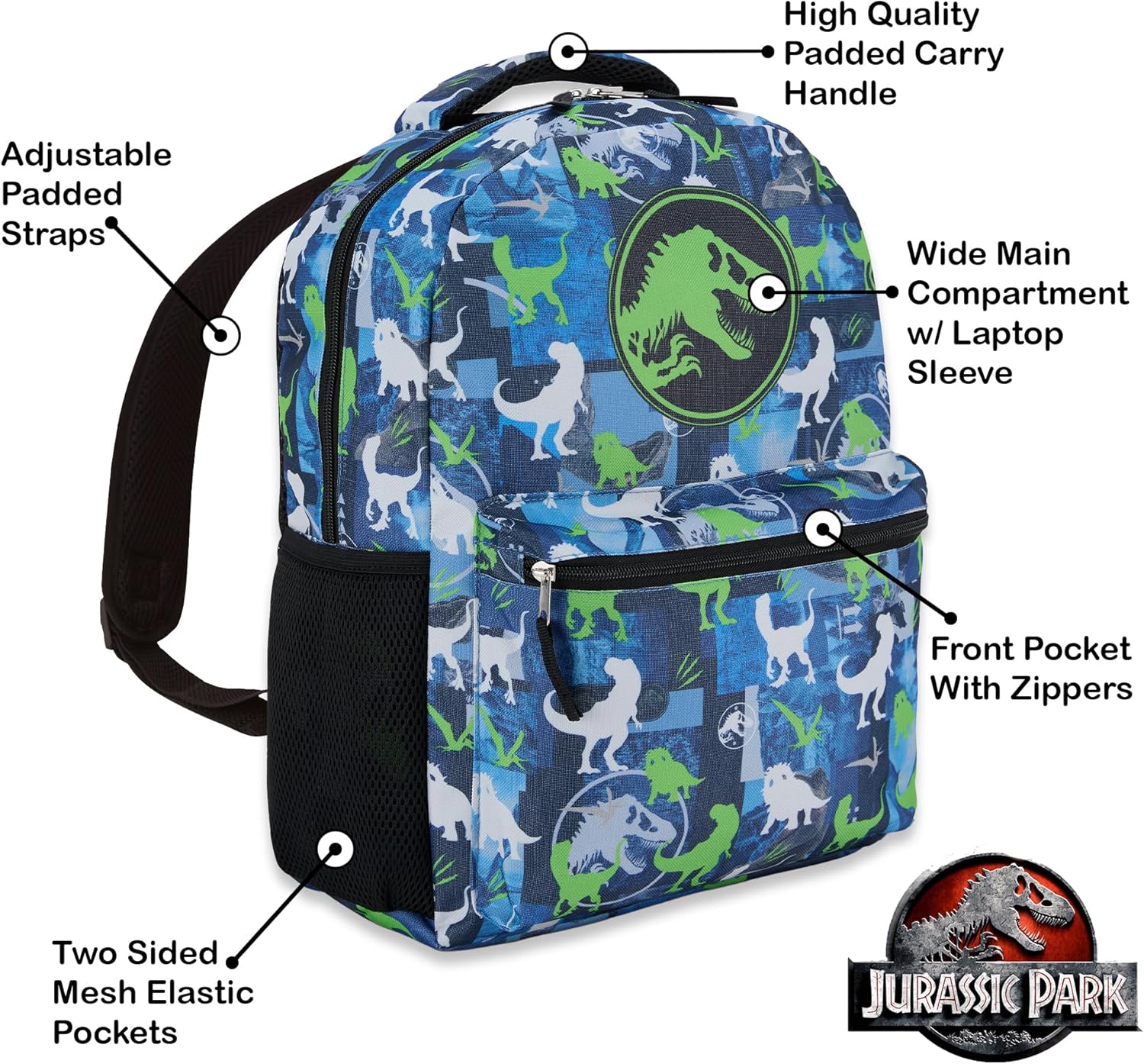 Jurassic World Nylon Allover Print Backpack - Adventure Awaits with Tyrannosaurus Rex, Velociraptor, and Triceratops on this Exciting and Vibrant Adult and Kids School Bag (Blue) - Image 4