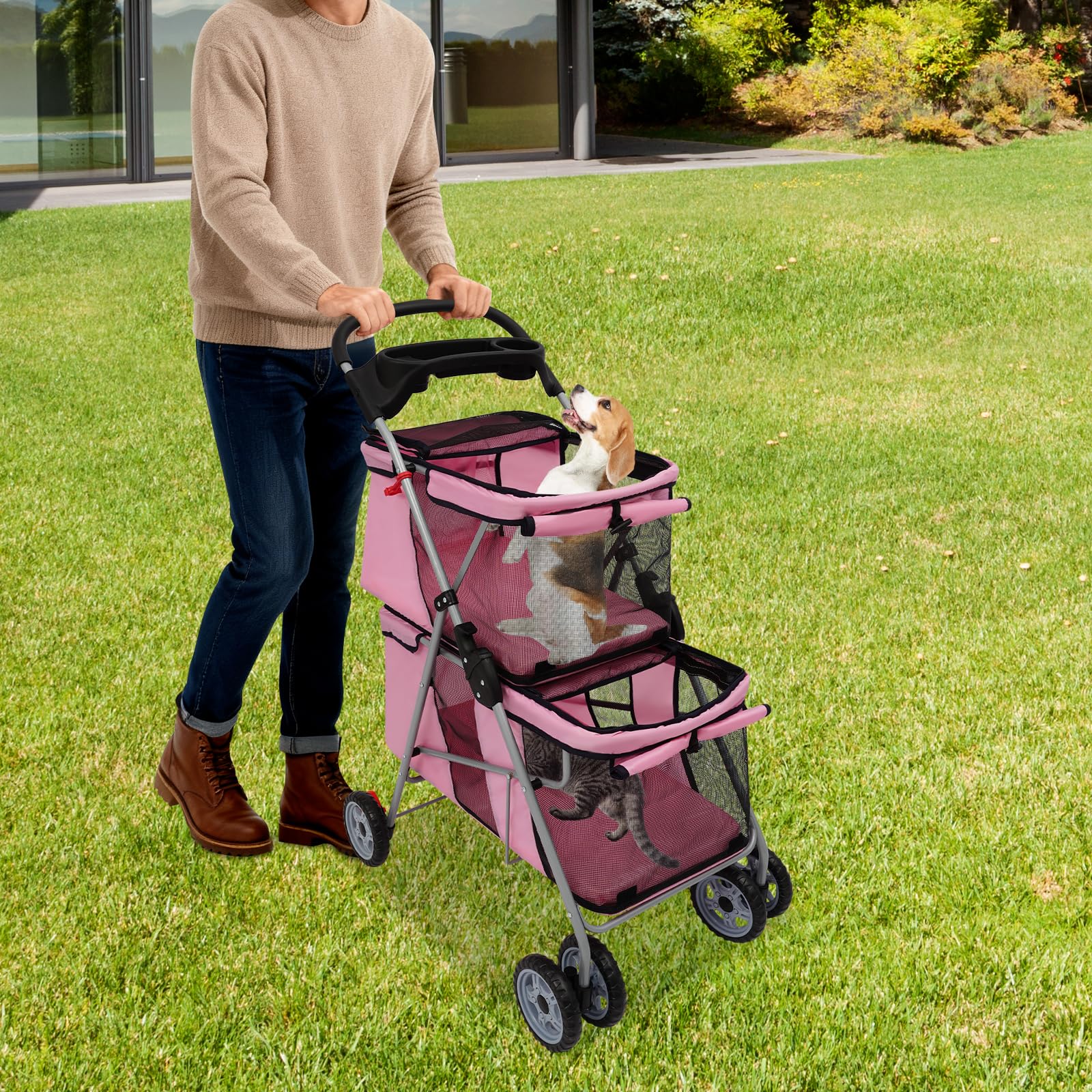 Passeggino per animali domestici, pieghevole, a doppio piano, per cani e gatti di piccola e media taglia, per esterni, parchi, passeggiate 55 x 69 x 101 cm