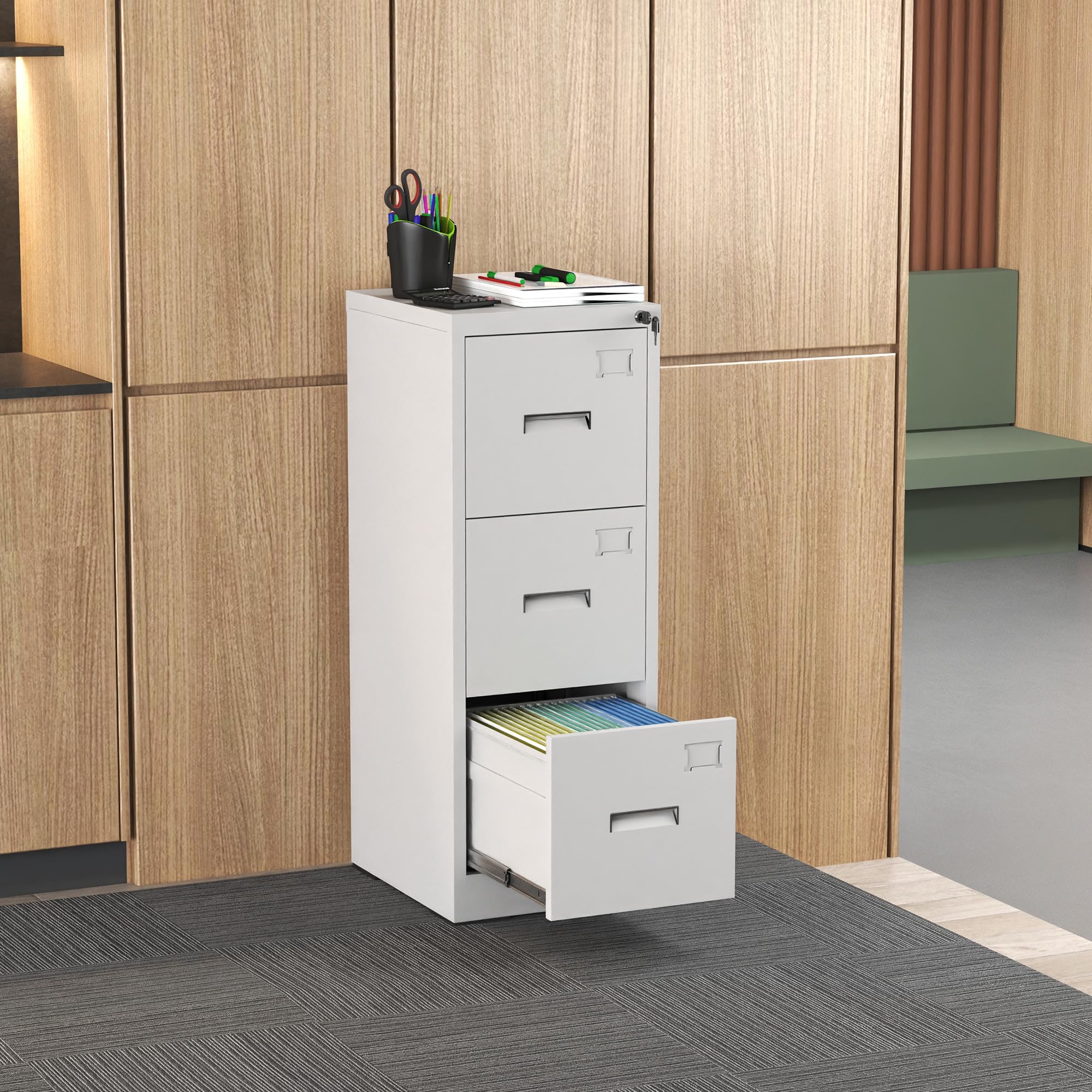 Classeur Vertical métallique à 3 tiroirs avec Serrure et Fente pour Cartes - Bureau/Maison - Classeur Vertical pour Documents A4, Légal/Lettre - Classeur étroit verrouillable, Assemblage req