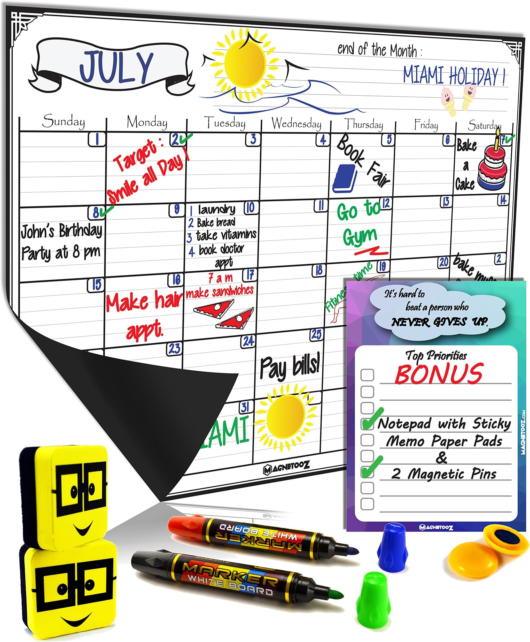 Magnetic Dry Erase Calendar - Monthly Fridge Whiteboard Sheet - Erasable Yearly Planner 16"X12" White Board 2 Erasers 2 Dual Markers 4 Colors Bonus Notepad 6"x4" 2 Pins, Ideal Daily Bill Organizer!
