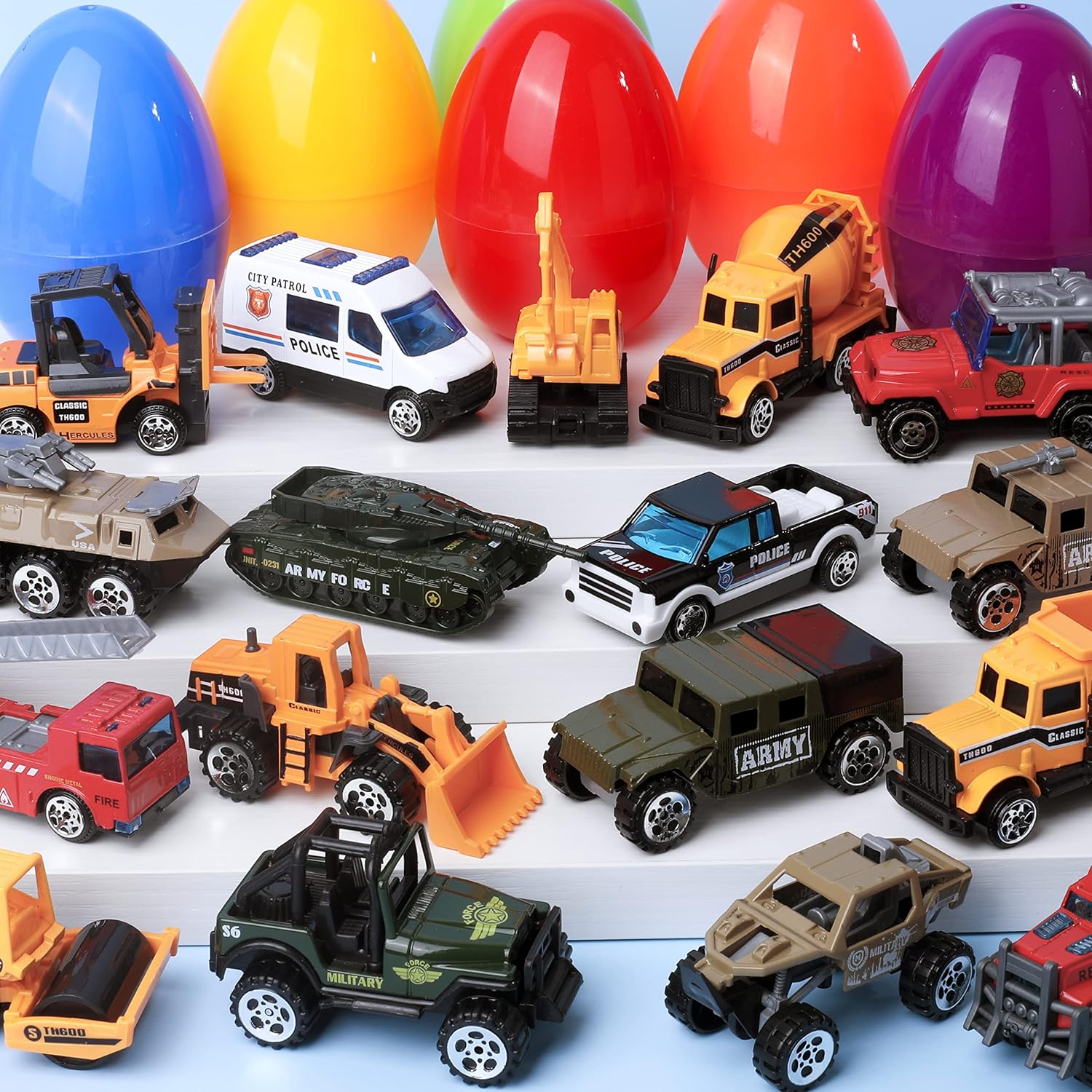 JOYIN 18 Pcs Jumbo Easter Eggs Filled with Die-cast Vehicles, City Cars and Trucks Toy Prefilled Egg for Kids Basket Stuffers, Party Favors and Easter Game